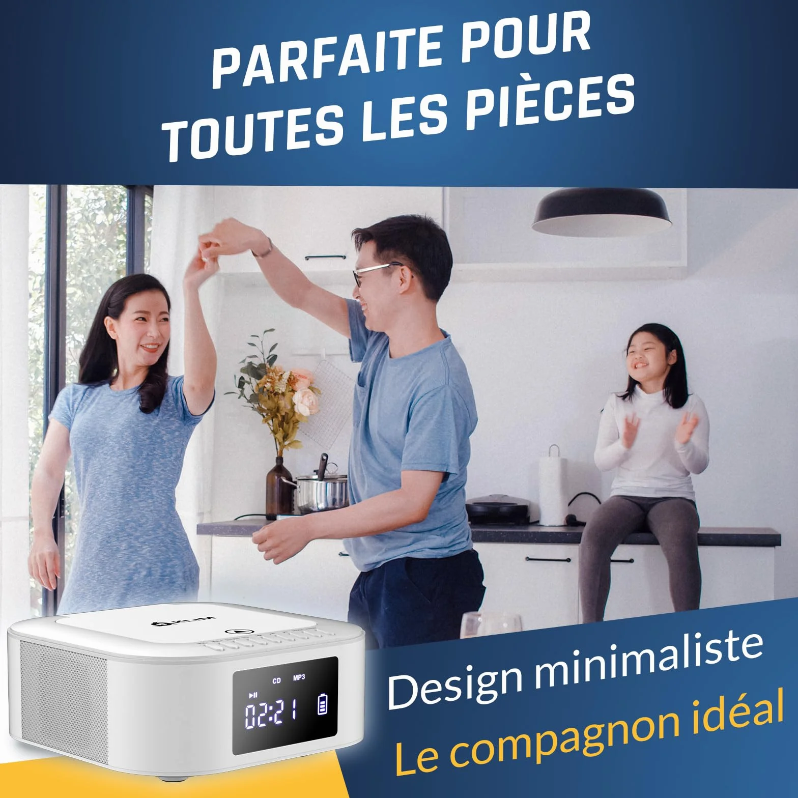KLIM Boombox E1 Radio CD Portable Extra Bass Subwoofer FM Bluetooth USB MP3 Filaire sans Fil Piles Rechargeables Télécommande Blanc