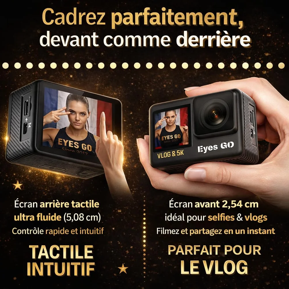 Caméra Sport 5K30fps 4K60fps 120fps 50MP 2 Écrans Tactile Vlog Télécommande Micro 360° Stabilisateur E.I.S 2.0 Étanche 30M Carte SDXC 64Go 2x1350mAh