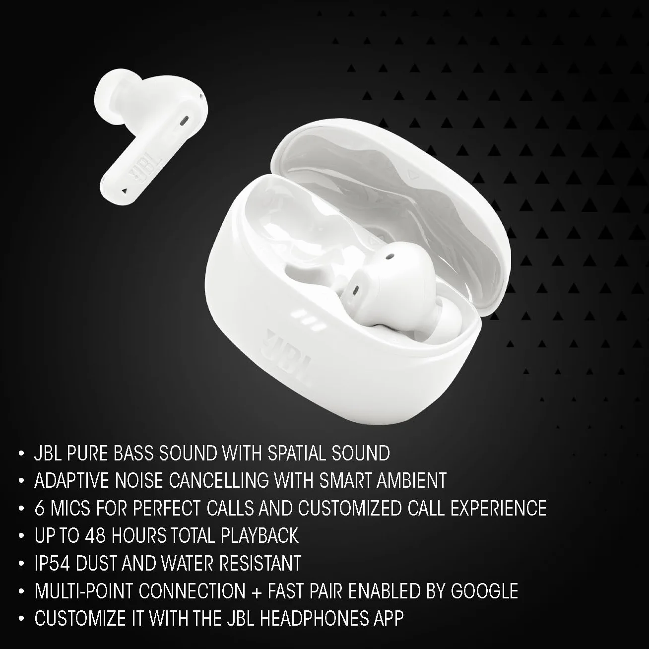 JBL Tune Beam 2 Écouteurs sans Fil Bluetooth Réduction de Bruit 48 Heures Autonomie IP54 Noir