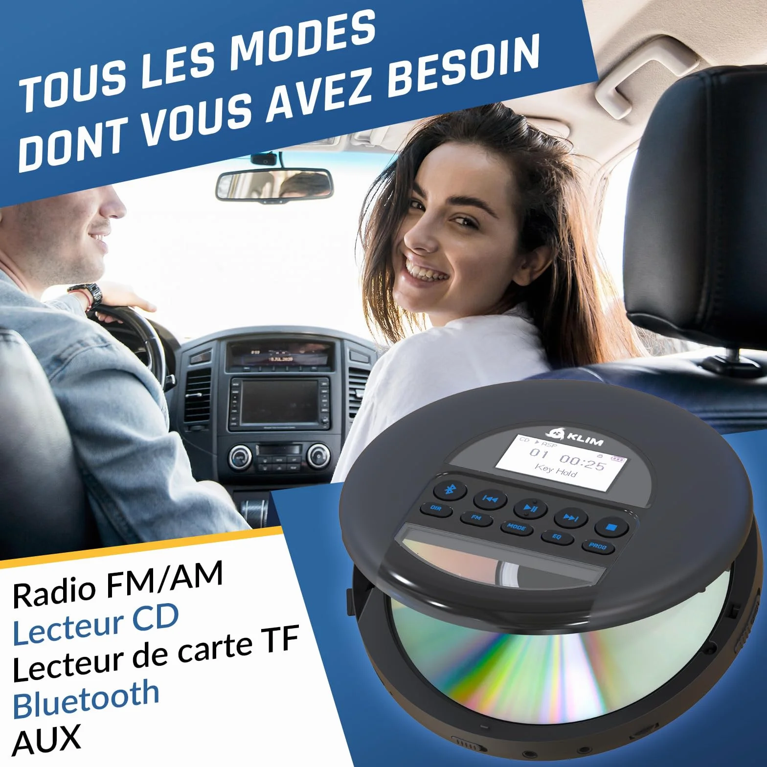 KLIM Nomad Lecteur CD Portable Bluetooth Batterie Intégrée Longue Durée Noir Bleu