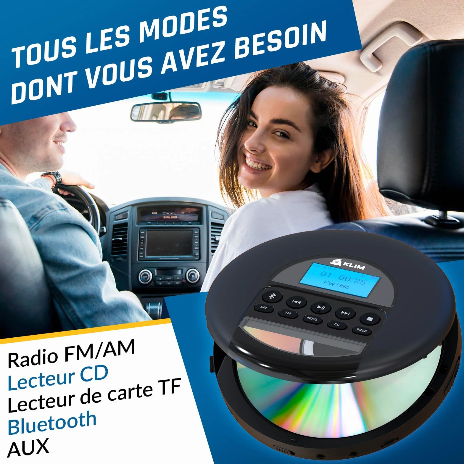 KLIM Nomad Lecteur CD Portable Bluetooth avec Batterie Intégrée, Compatible CD-R/CD-RW/MP3, Noir