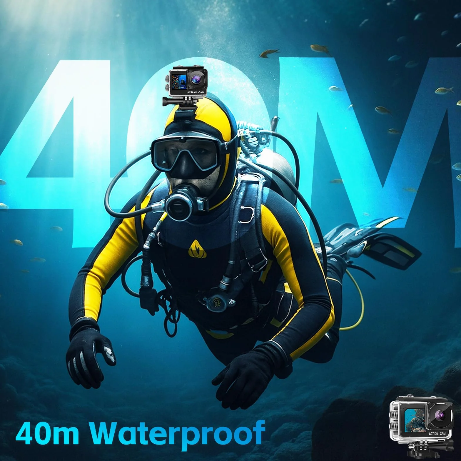 Caméra Sport 1080P FHD Waterproof Double Écran Étanche 40m 2 Batteries 1050 mAh Kit Accessoires