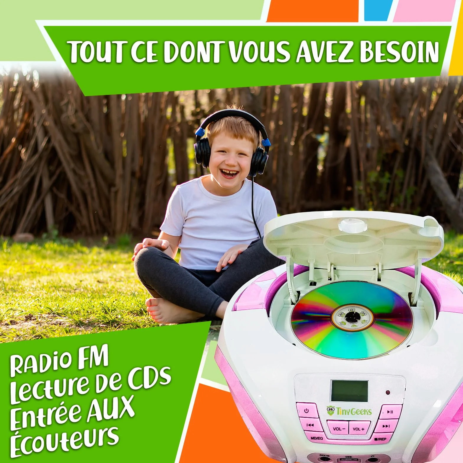 Lecteur CD Enfant Radio FM Piles incluses Haut-parleurs Rose
