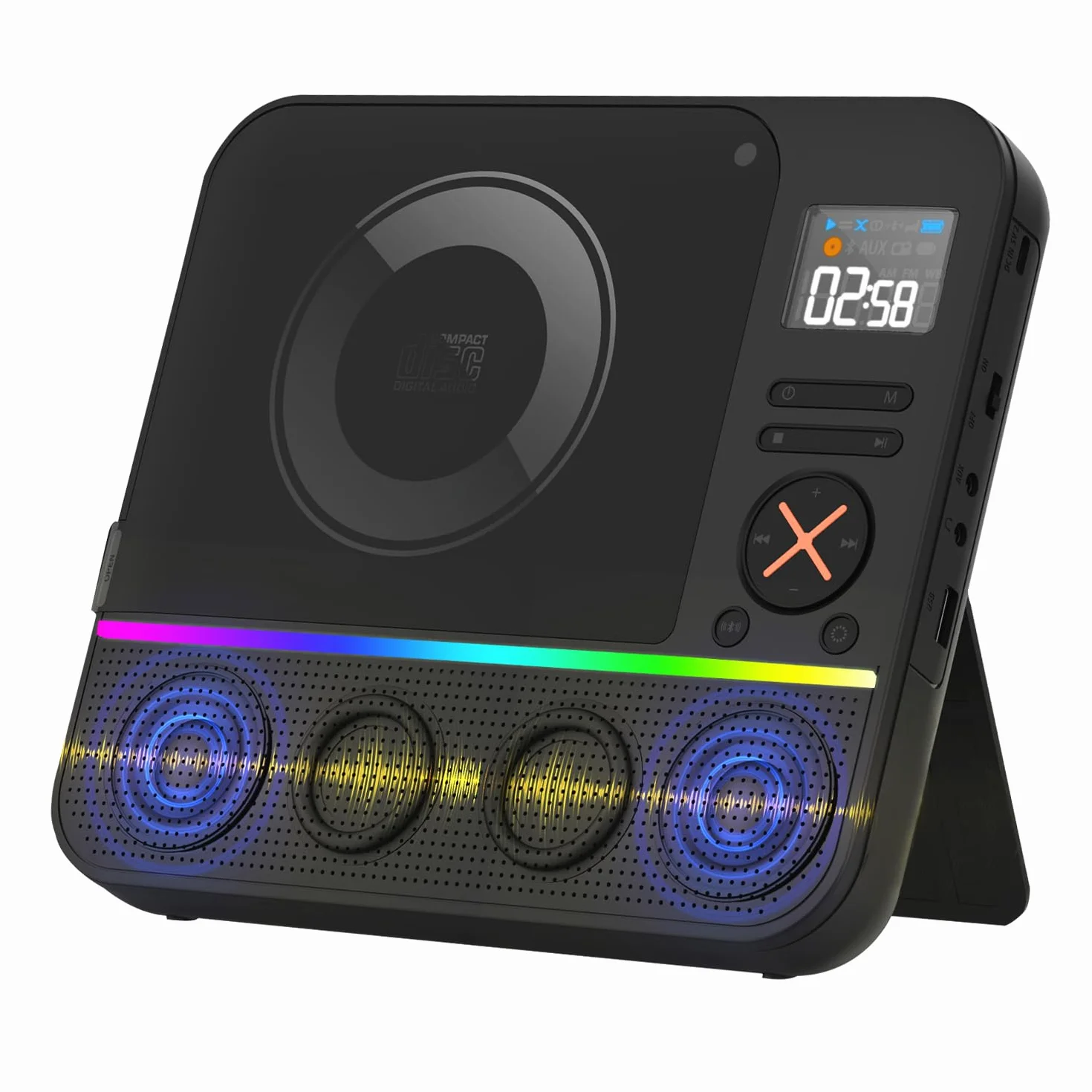 Lecteur CD Portable Bluetooth avec Radio FM, Écran LED RVB, Double Haut-Parleur, Compatible USB/AUX