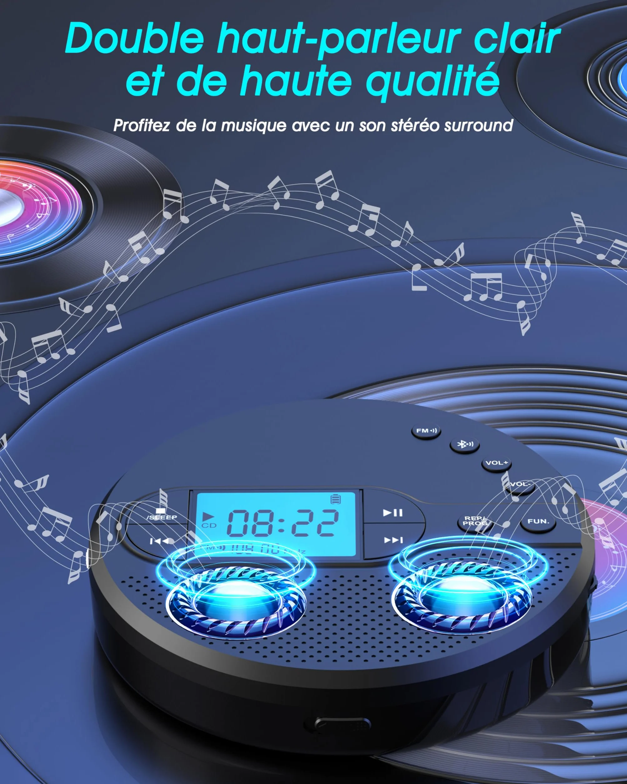 Greadio Lecteur CD Bluetooth Portable 2000 mAh Transmetteur FM USB AUX CD Player Noir