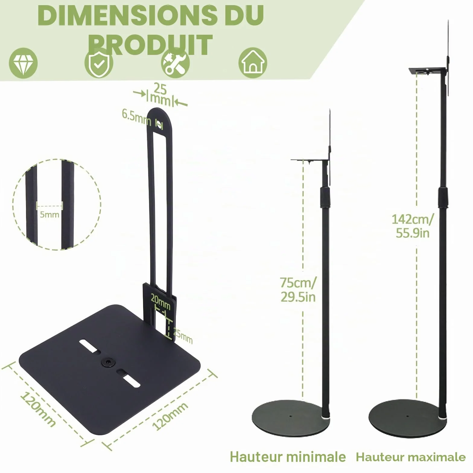 Supports d'enceintes Gekufa compatibles Samsung Sony, hauteur réglable 73,7-139,7 cm, pour haut-parleurs jusqu'à 5 kg