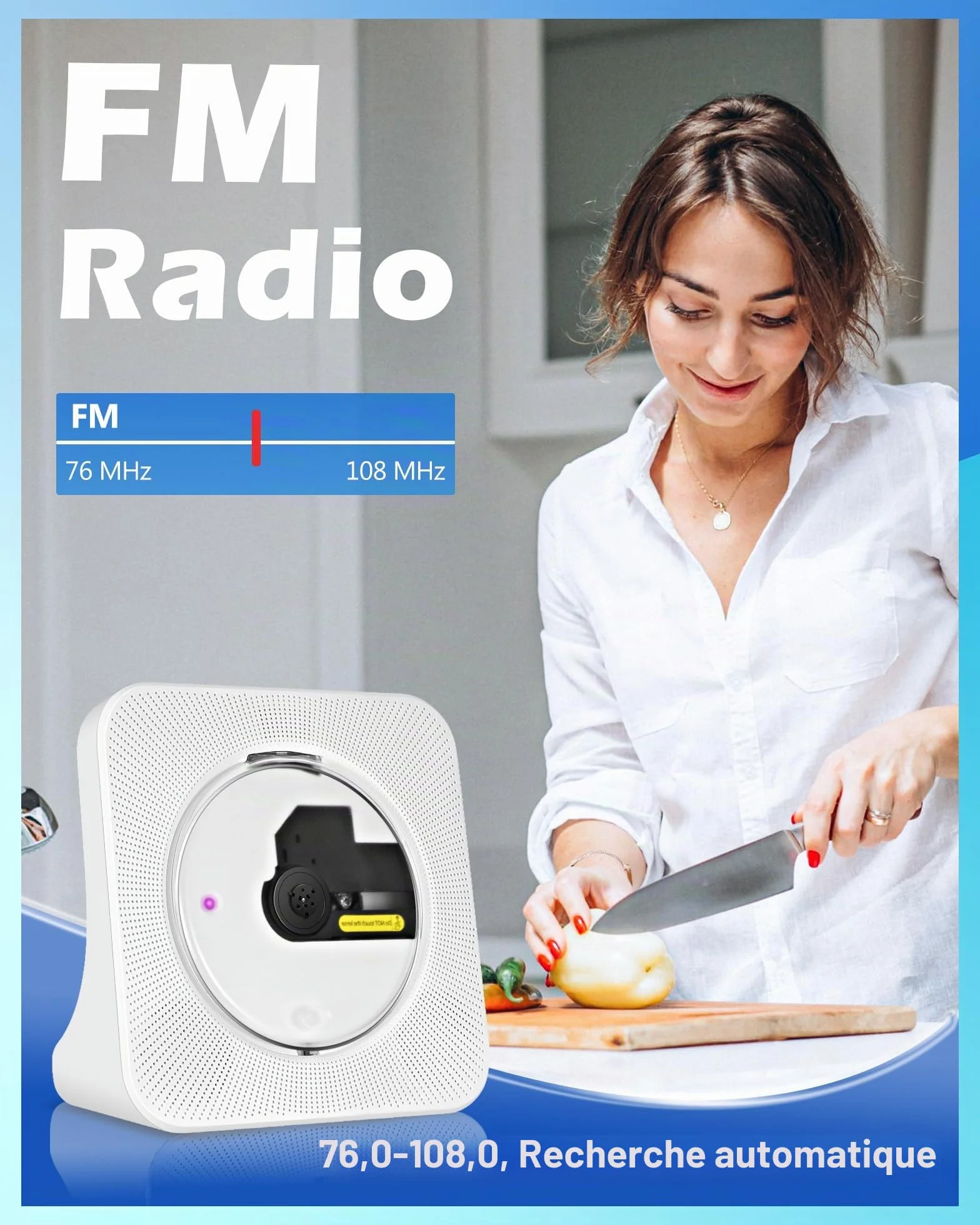 Lecteur CD Portable Rechargeable Bluetooth HiFi avec USB AUX FM Radio Blanc