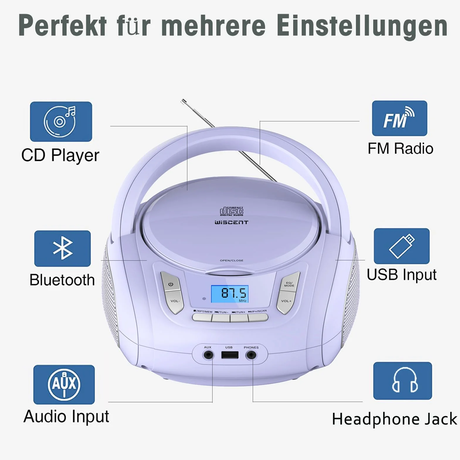 Lecteur CD Portable Boombox Enfants Bluetooth Radio FM MP3 USB AUX Prise Casque Son Stéréo Violet