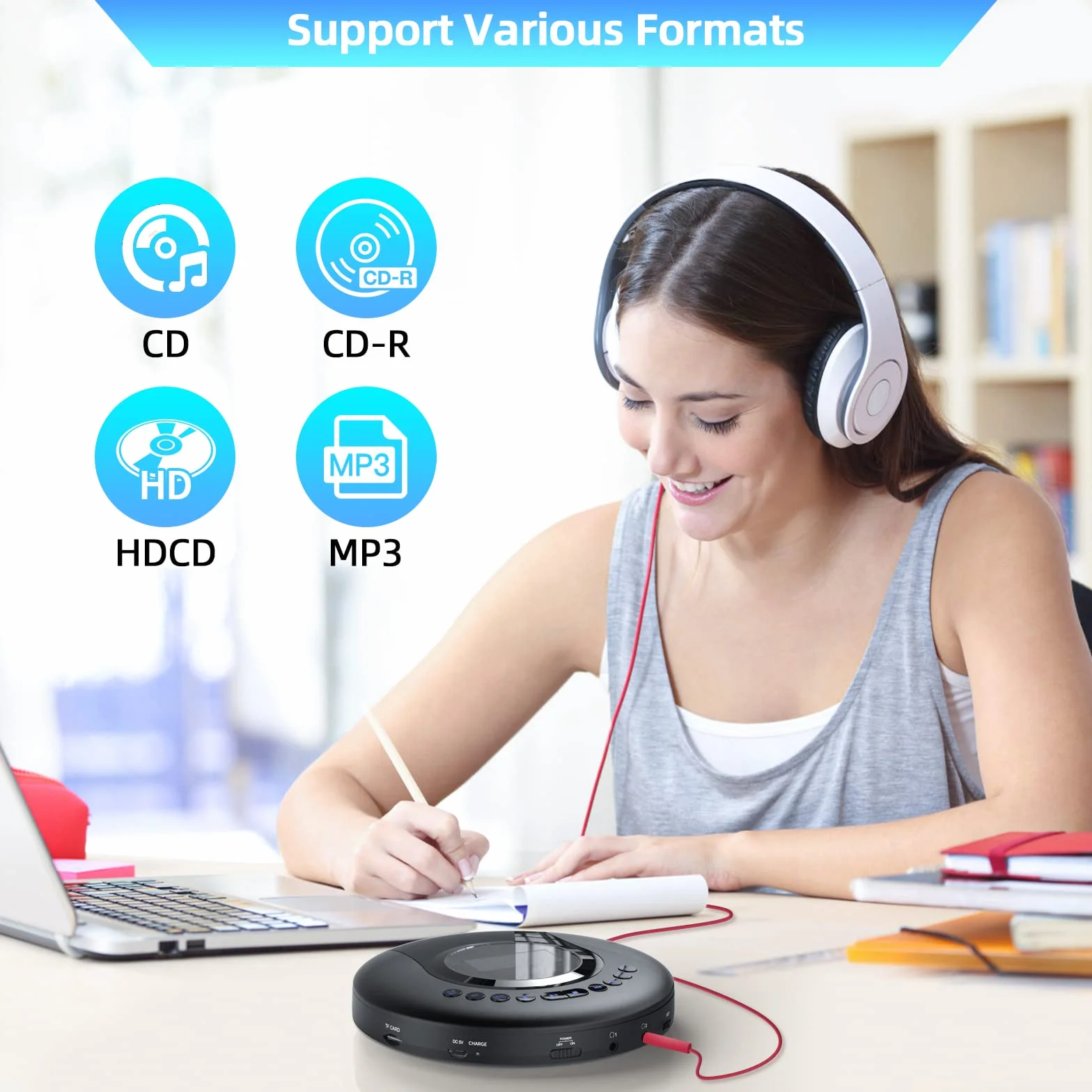Lecteur CD Portable Bluetooth Rechargeable 2000 mAh avec écran LCD Protection Antichoc FM