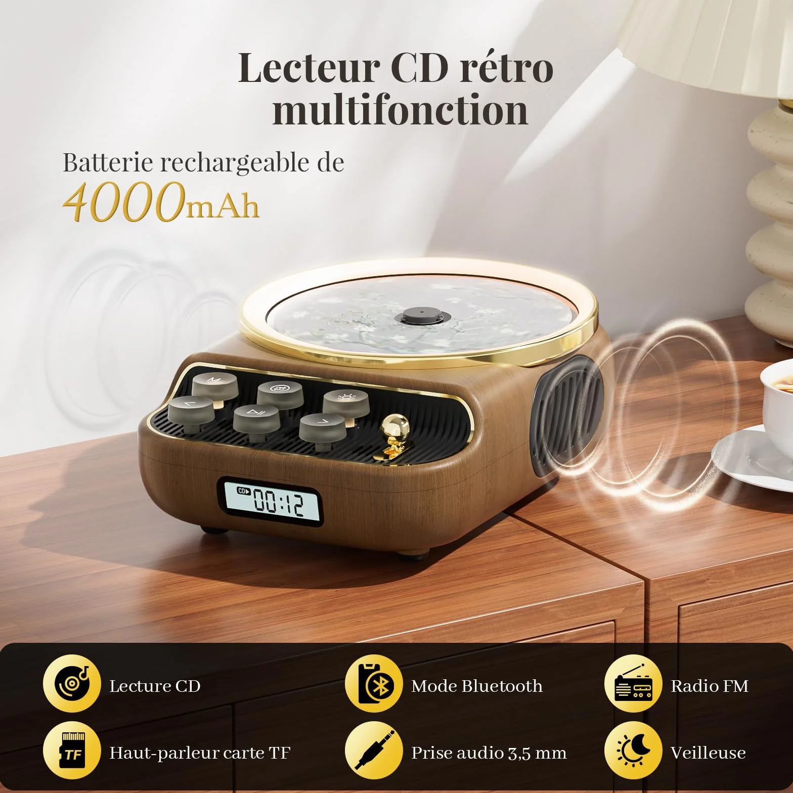 Lecteur de CD Portable Bluetooth 5.3 6-en-1 Rechargeable Radio FM AUX/TF