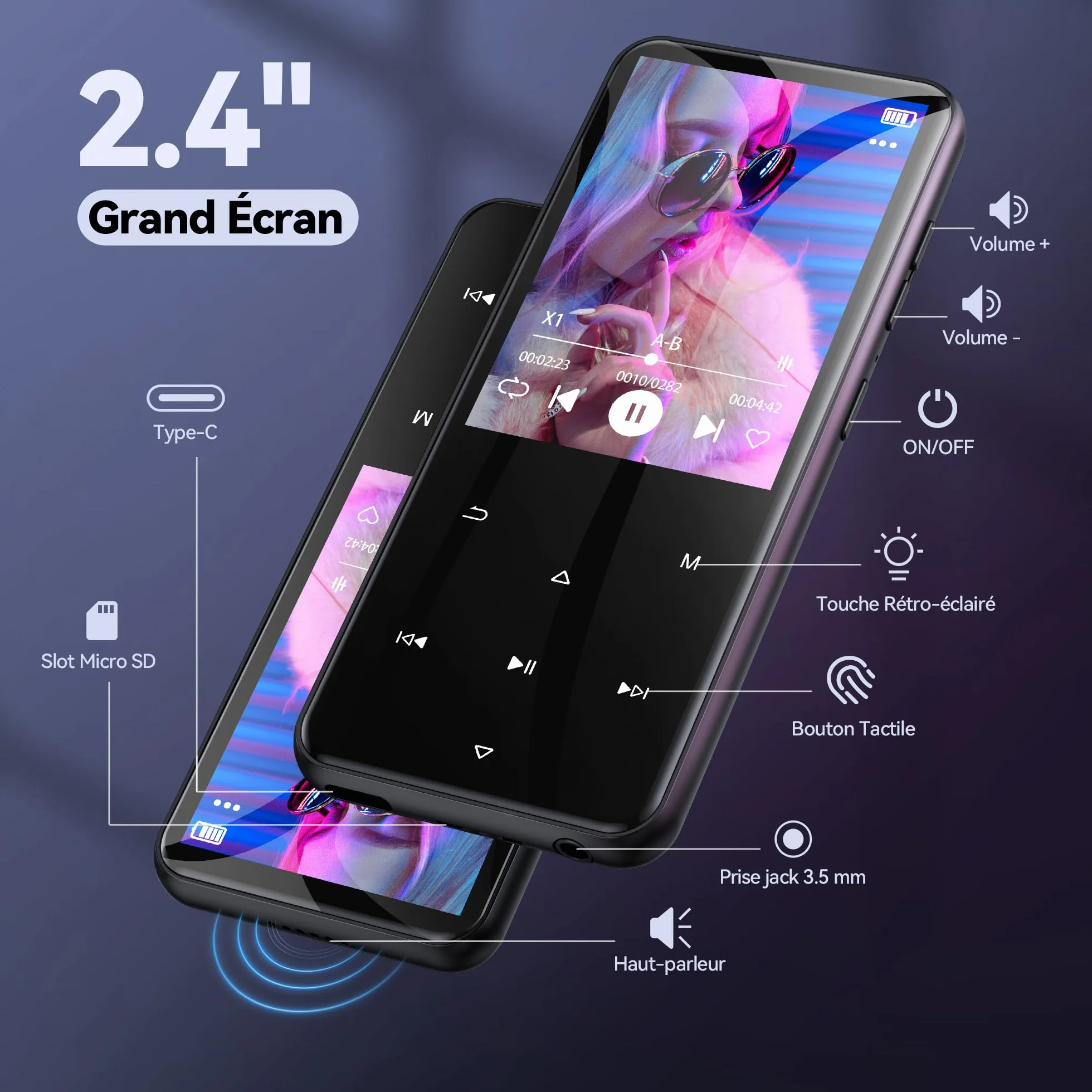 AGPTEK MP3 Bluetooth 64Go 2.4" Écran Métal Lecteur MP4 Baladeur Sport Radio FM Enregistreur Noir