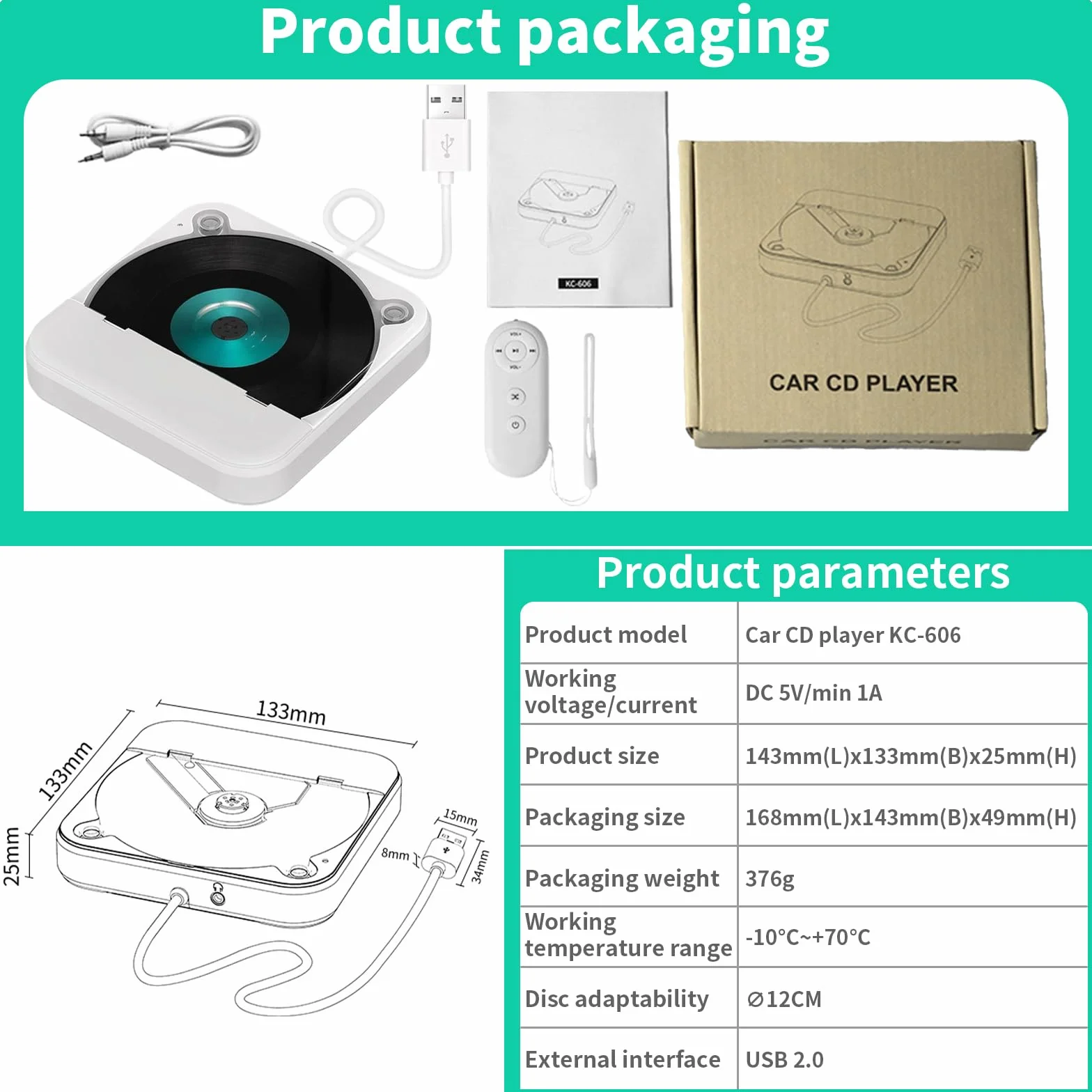 Lecteur CD portable voiture auxiliaire externe blanc télécommande boîte conversion audio USB compatible audio TV