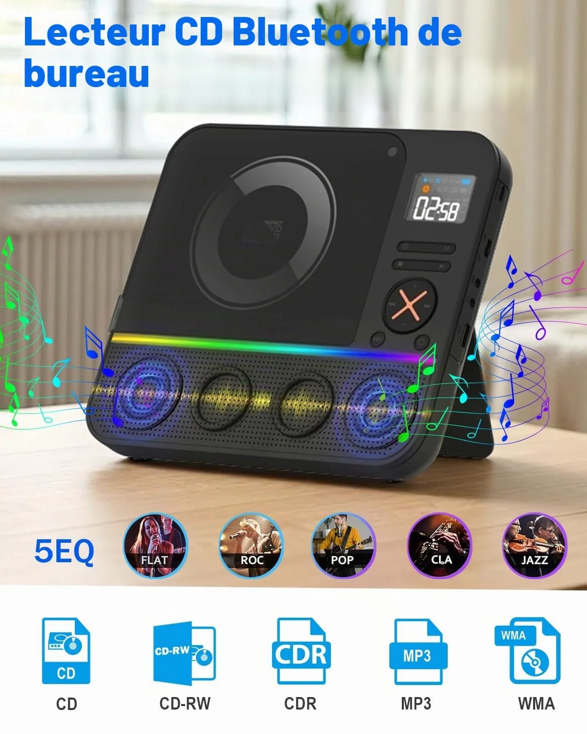Lecteur CD Portable Bluetooth avec Radio FM, Écran LED RVB, Double Haut-Parleur, Compatible USB/AUX