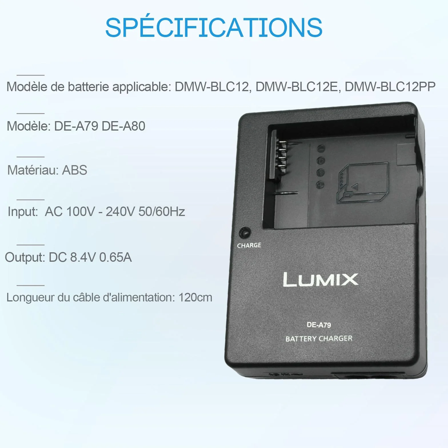Chargeur de Batterie Compatible Panasonic Lumix DMW-BLC12 pour DC-FZ1000 II, DC-G95, DMC-GX8, DMC-FZ200, DMC-FZ300, DMC-FZ1000, DMC-FZ2500, DMC-G7 HS avec Câble AC 120cm
