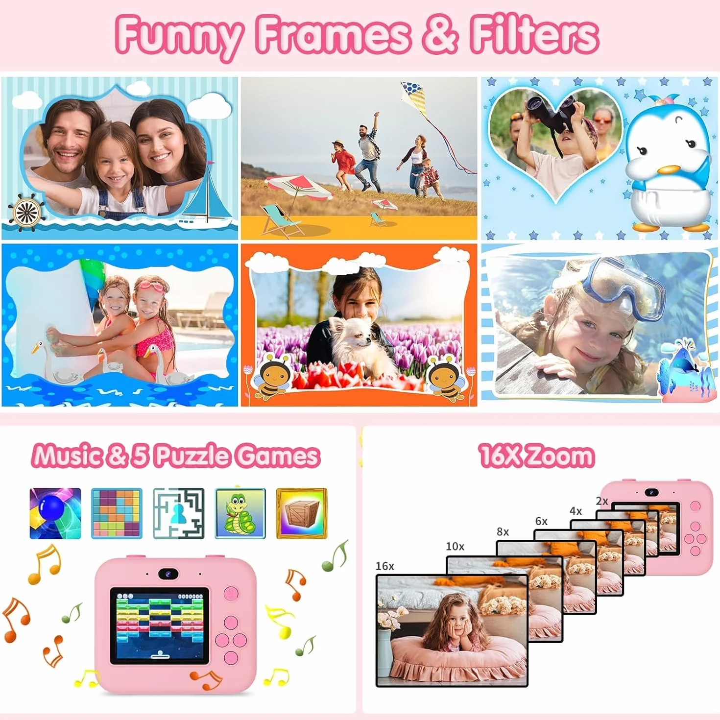 ASTGMI Appareil Photo Instantané Enfant 2.4" Écran avec Papier d'impression et Carte 32GB, Mode Selfie et Video, Cadeau Jouet pour Garçons Filles 3-14 Ans Rose