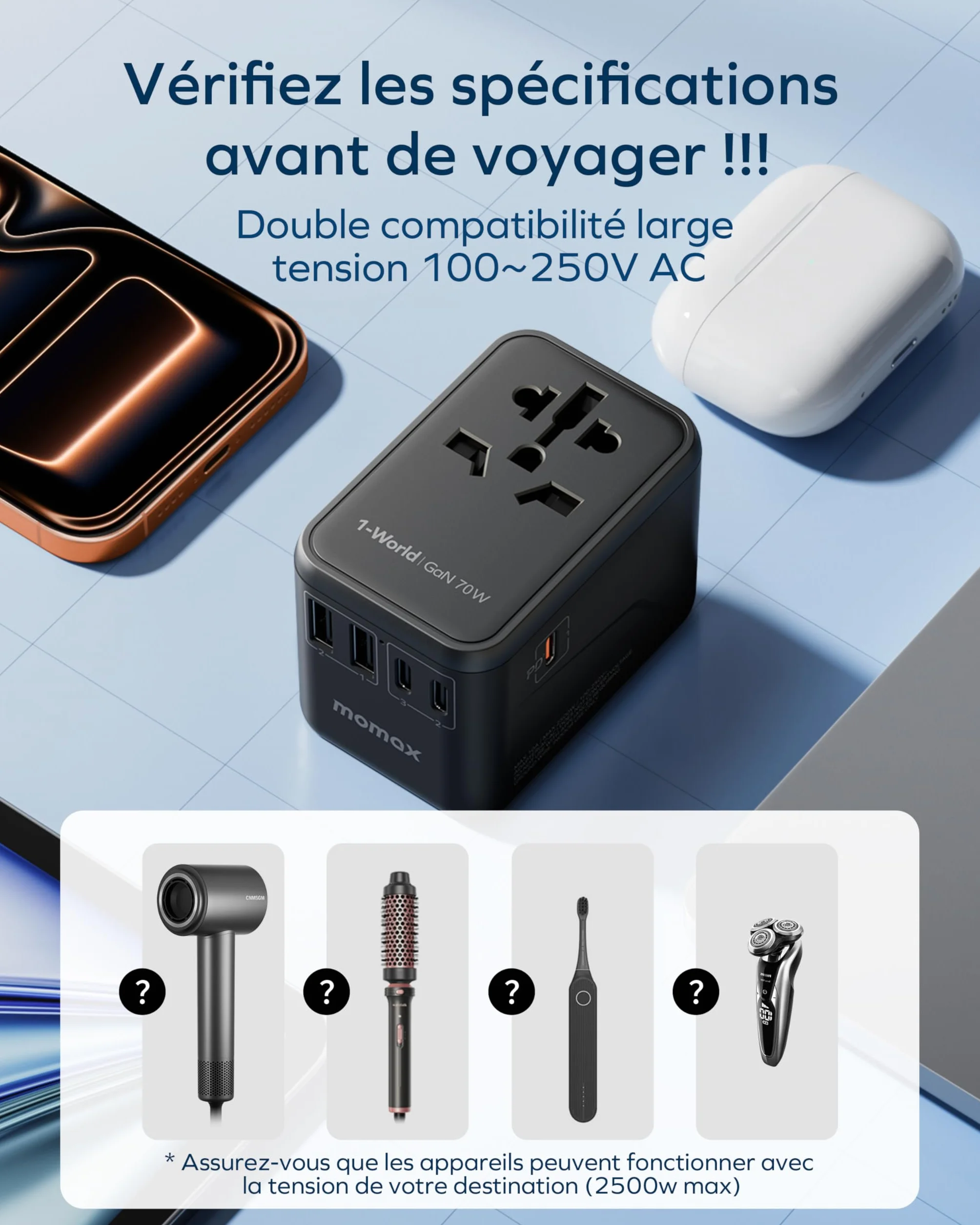 MOMAX Adaptateur Prise Universelle GaN 70 W 3 USB C 2 USB A Voyage France UK Irlande USA Canada Australie Chine Japon Thaïlande