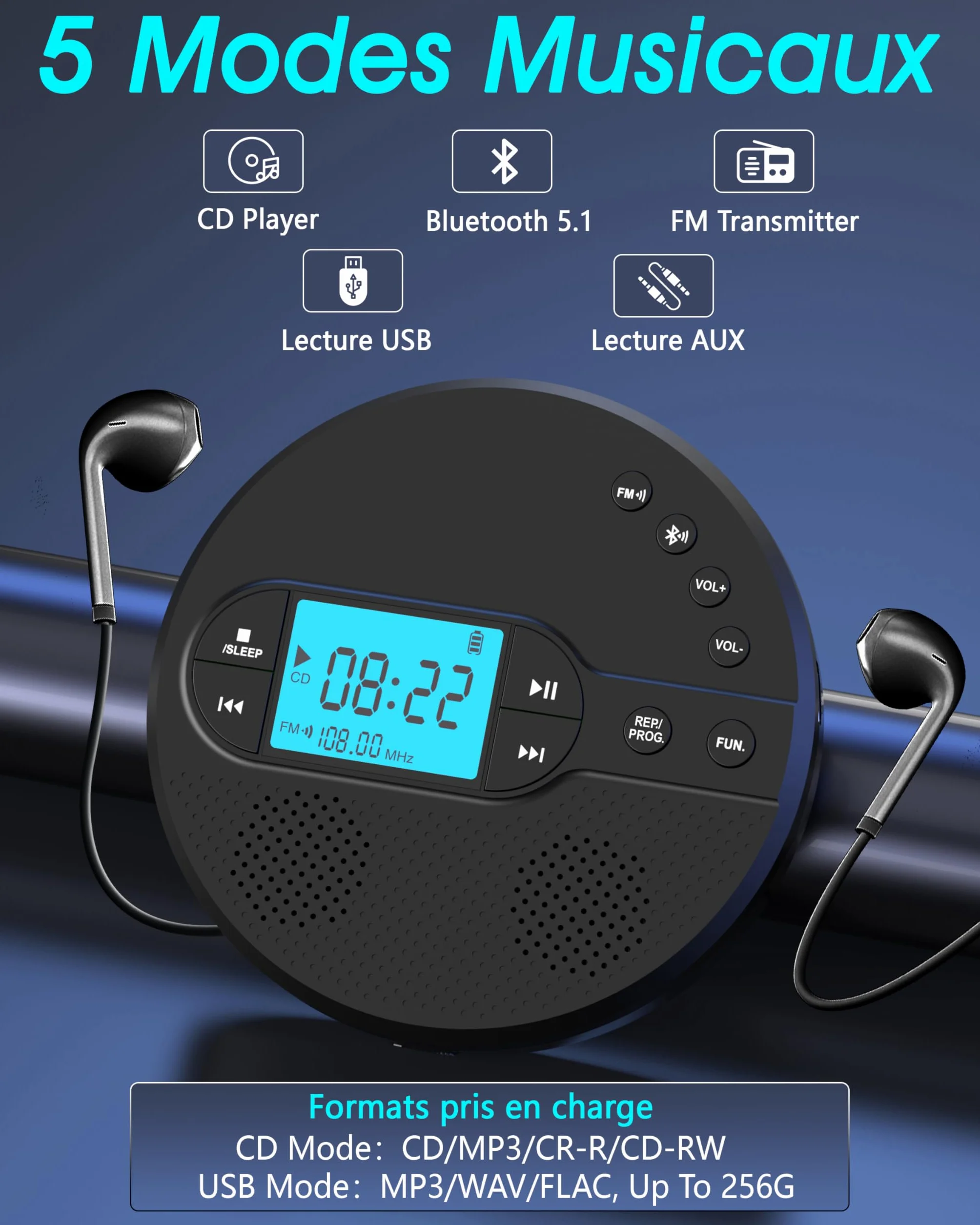 Greadio Lecteur CD Bluetooth Portable 2000 mAh Transmetteur FM USB AUX CD Player Noir