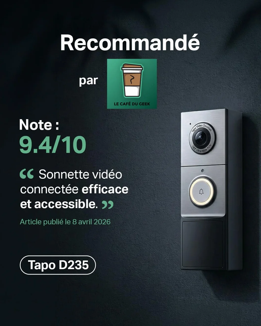 Tapo D235 Sonnette sans Fil avec Caméra 2K+ 5MP IP66 Étanche 180° Vision Ultra-Large Vision Nocturne Couleur Audio Bidirectionnel Détection AI