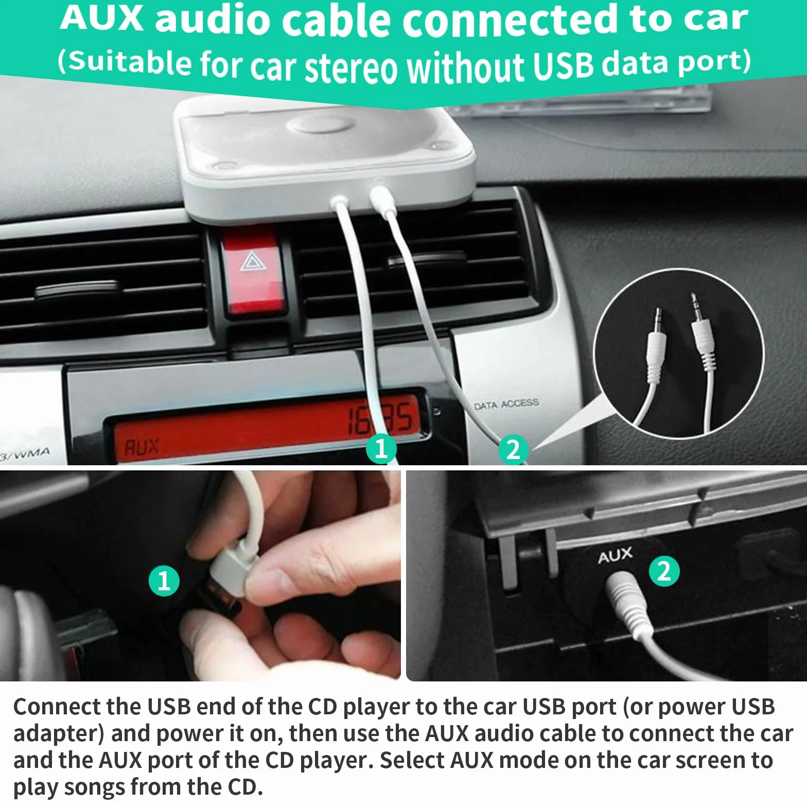 Lecteur CD portable voiture auxiliaire externe blanc télécommande boîte conversion audio USB compatible audio TV