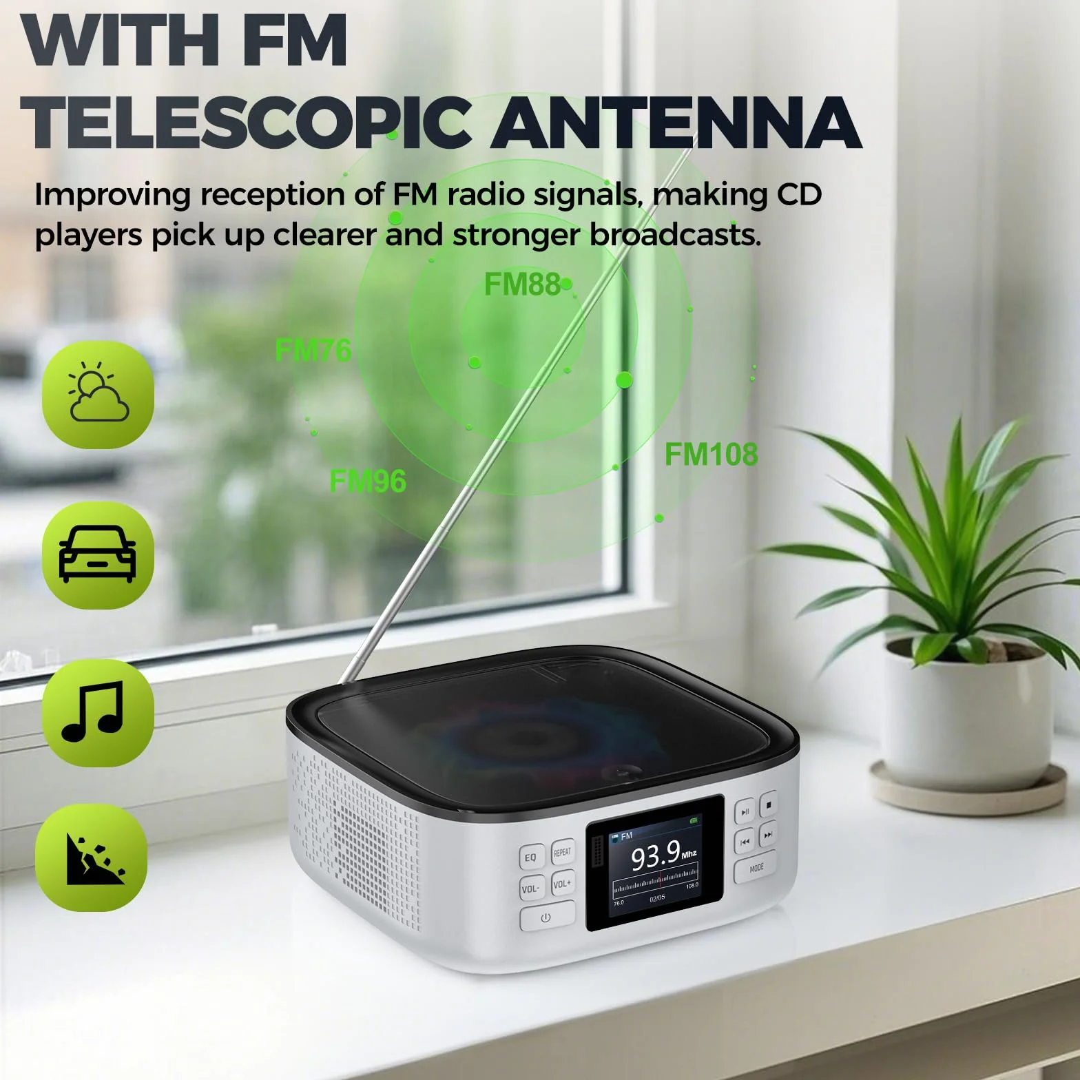ARAFUNA Lecteur CD Portable Bluetooth Rechargeable avec Haut-parleurs, Radio FM, USB, AUX, écran LED Couleur, télécommande