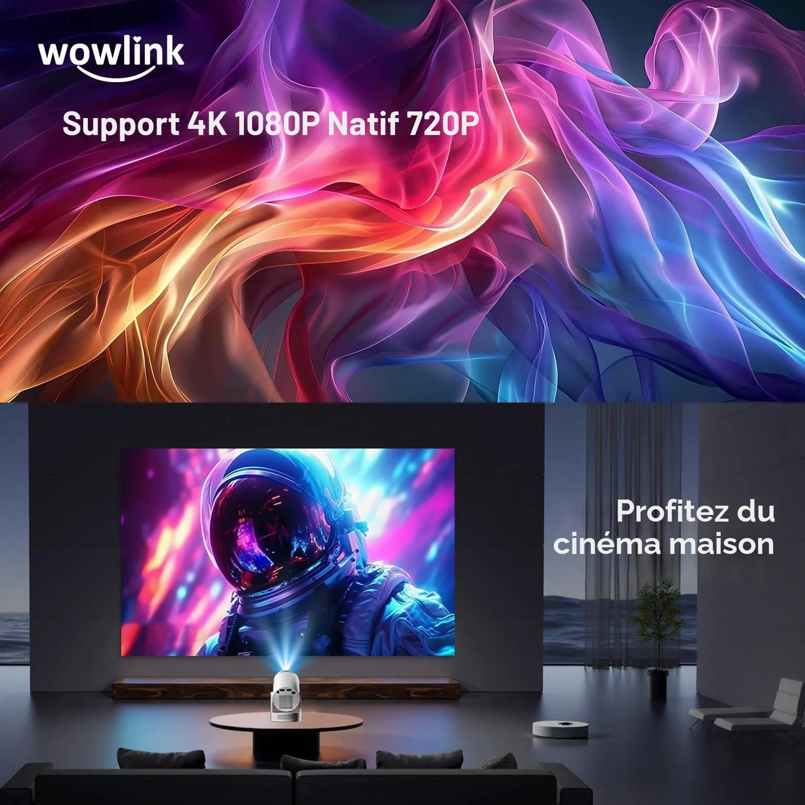 Vidéoprojecteur WiFi 6 Bluetooth 5.4 Mini Projecteur 4K 1080P Auto Keystone Rotation 180° HDMI TV Stick Laptop Blanc