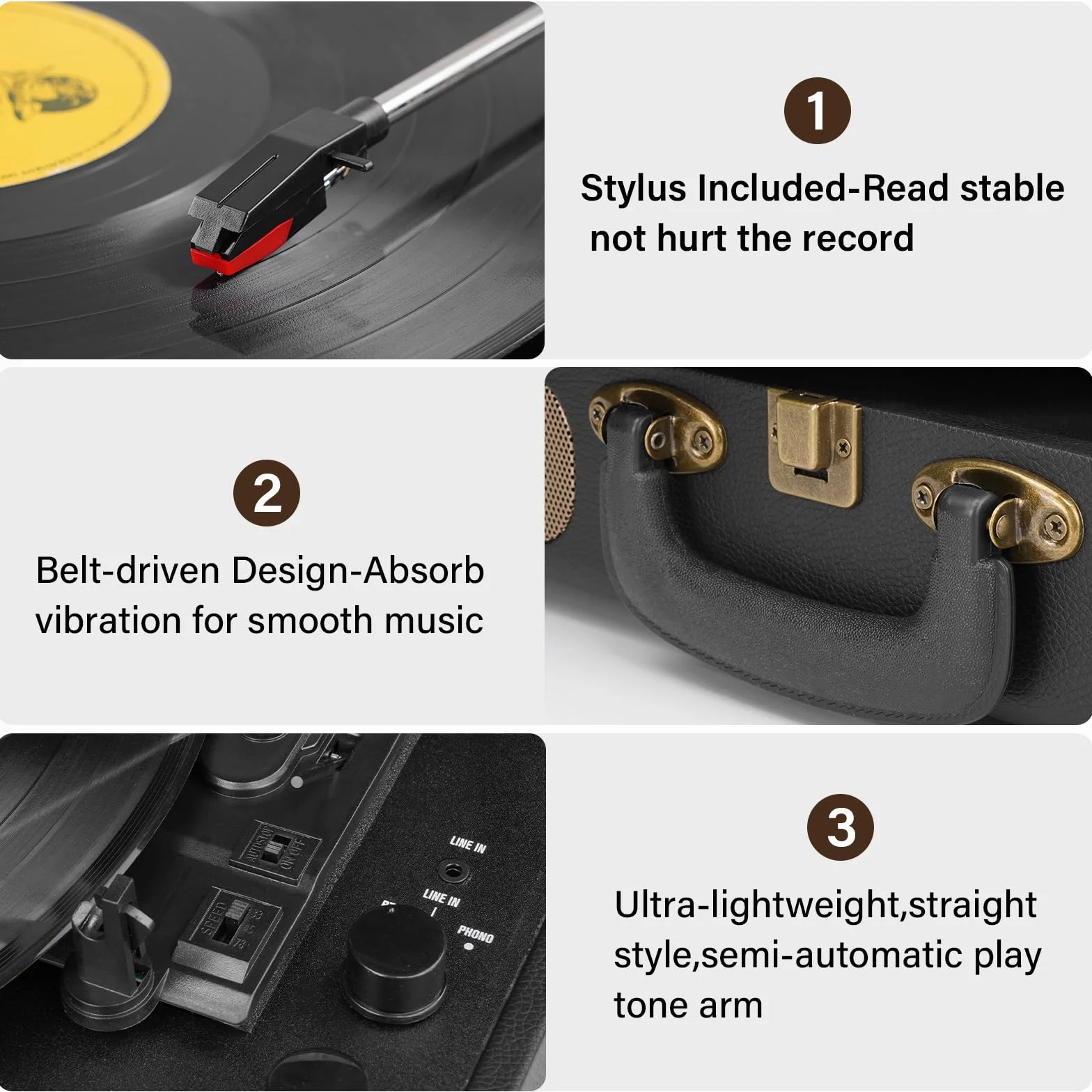 Mersoco Tourne-Disque Bluetooth Portable Vintage, Platine 3 Vitesses 33/45/78 TR/Min, Conversion USB vers MP3, Noir