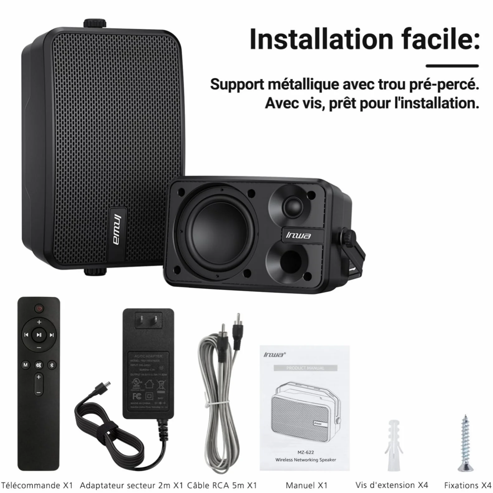 Inwa Enceintes Bluetooth Extérieures 400W Haut-Parleur Murale Active Passive Système Stéréo sans Fil Étanche Lot de 2