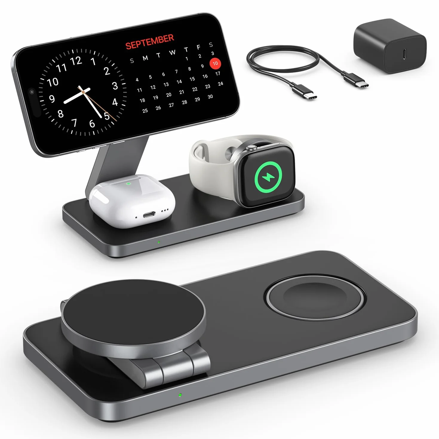 Station de Charge sans Fil Rapide pour iPhone 17 16 15 14 13 12 Pro Max Plus, Apple Watch 9 8 SE 7 6 5 4 3 2, AirPods 2 3 Pro
