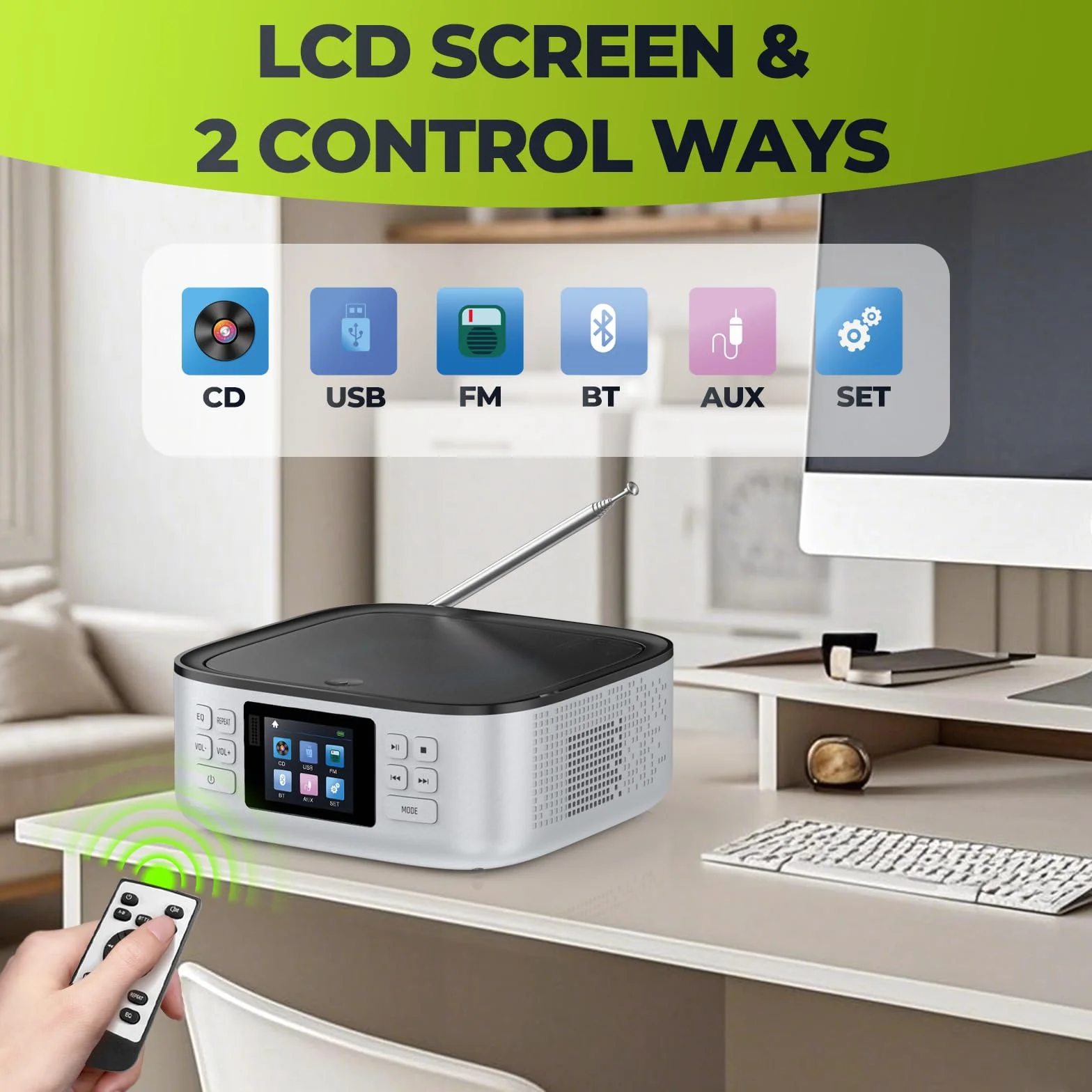 ARAFUNA Lecteur CD Portable Bluetooth Rechargeable avec Haut-parleurs, Radio FM, USB, AUX, écran LED Couleur, télécommande
