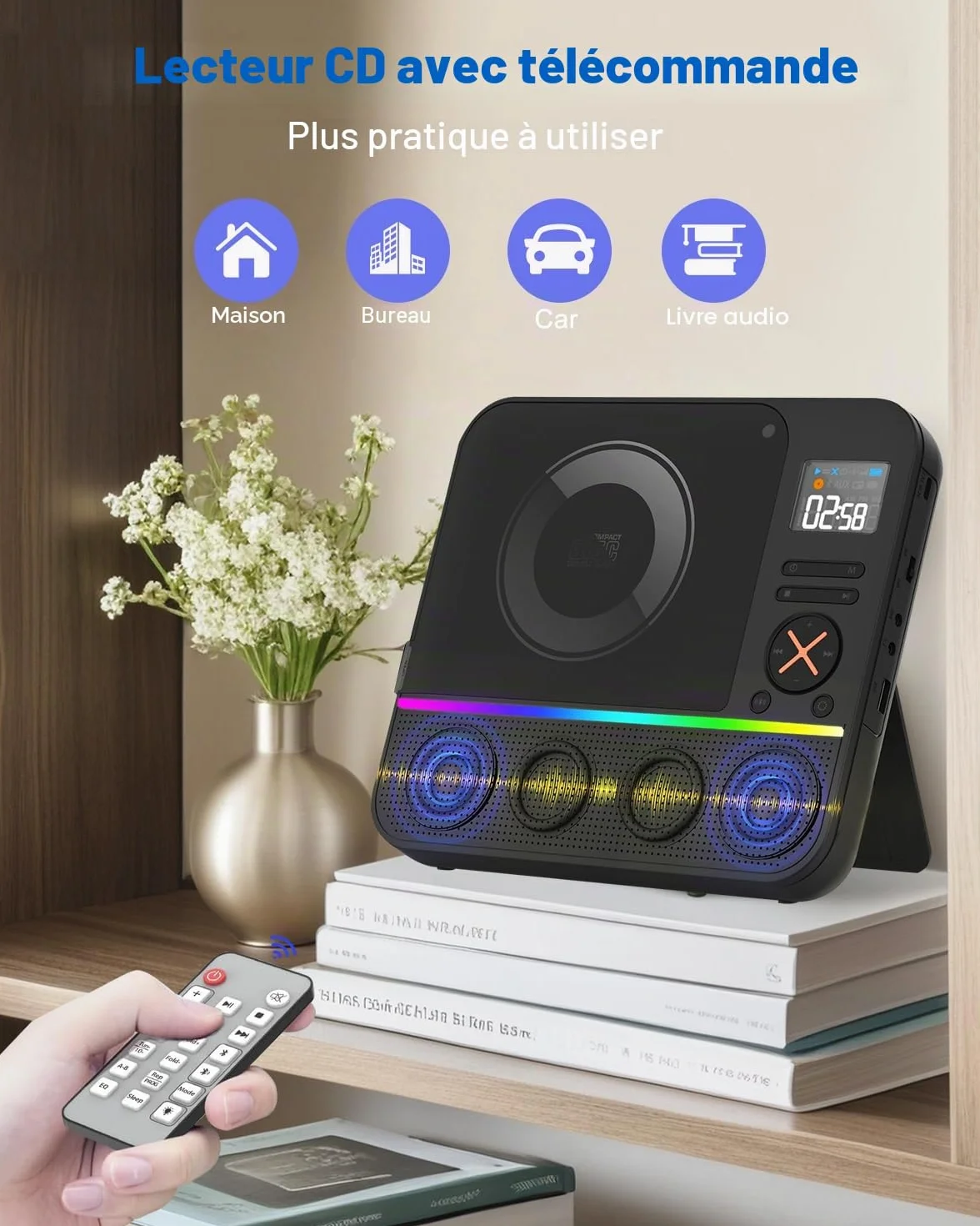 Lecteur CD Portable Bluetooth avec Radio FM, Écran LED RVB, Double Haut-Parleur, Compatible USB/AUX