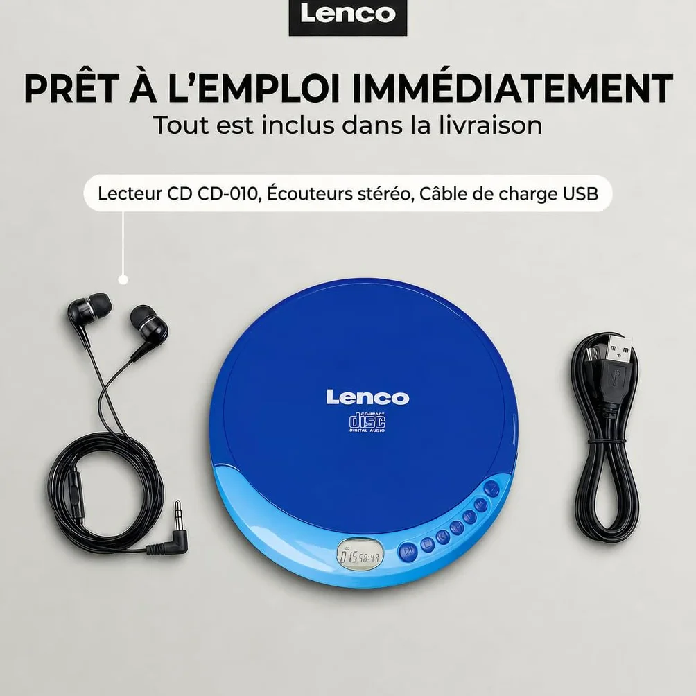 Lenco CD-011 Lecteur CD portable avec recharge batterie - Diskman CD Walkman - Écran LCD Bleu