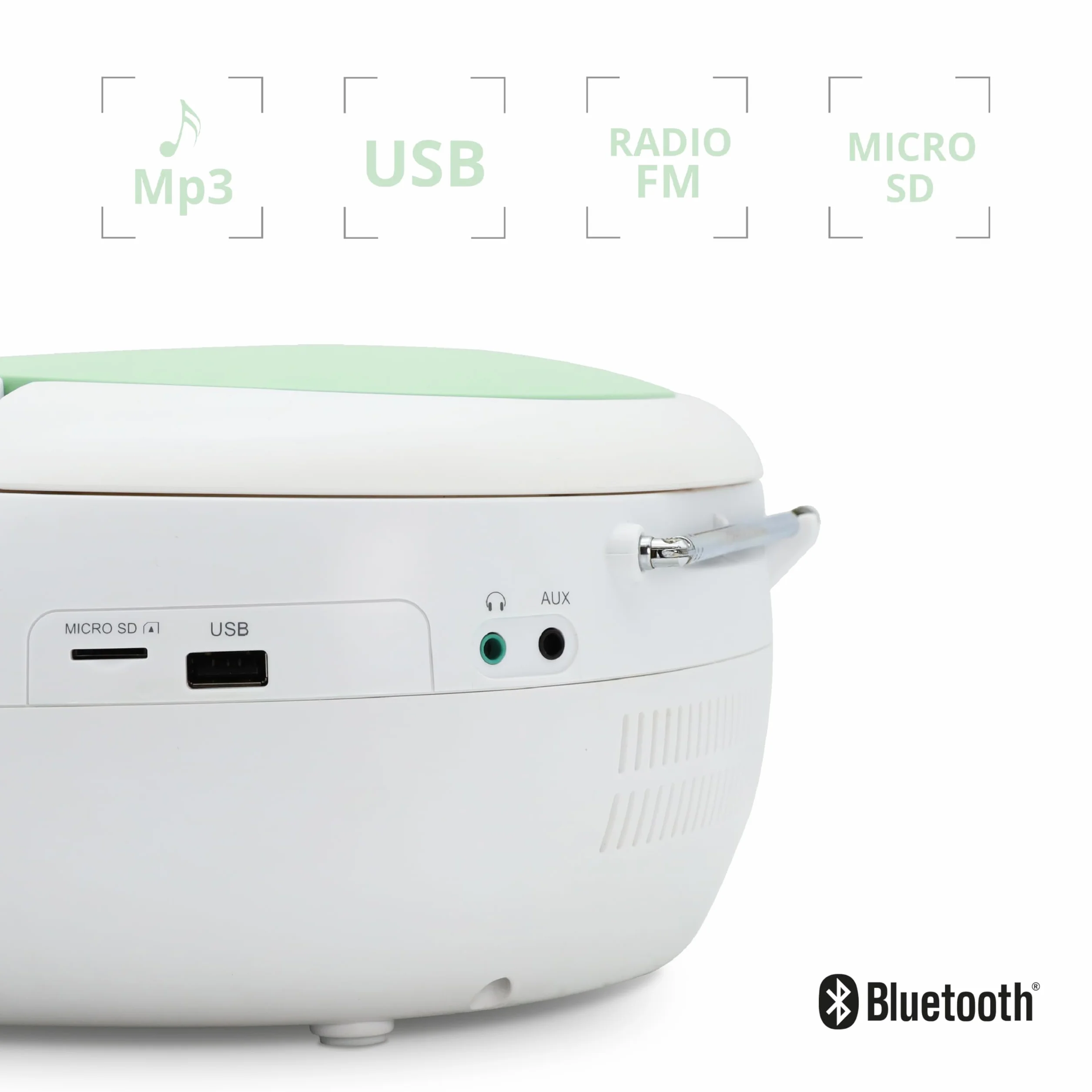 MOOOV Lecteur CD Radio FM Portable Bluetooth Boombox Stéréo MP3 USB AUX Micro-SD Vert