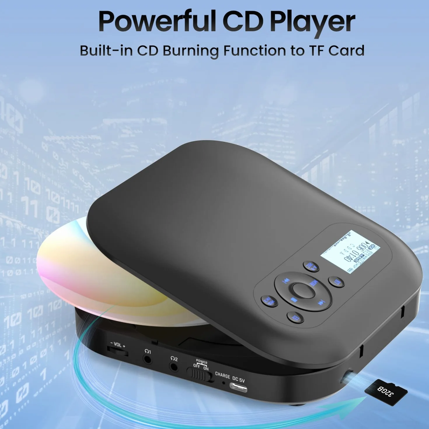 Lecteur CD Portable Bluetooth Rechargeable Discman FM Haut-parleurs Stéréo Anti-Saut