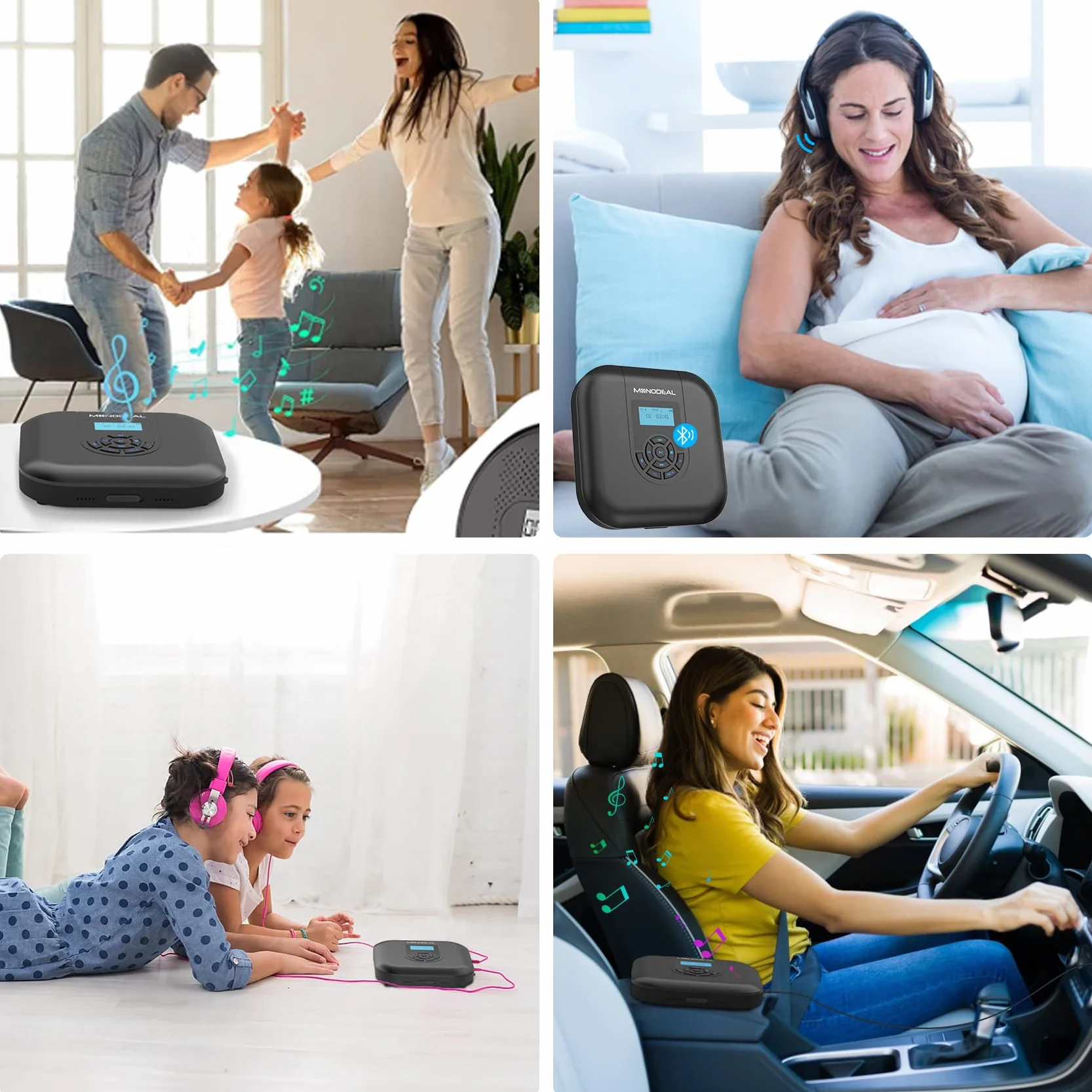 MONODEAL lecteur portable Bluetooth rechargeable avec haut-parleur et émetteur FM CD voiture