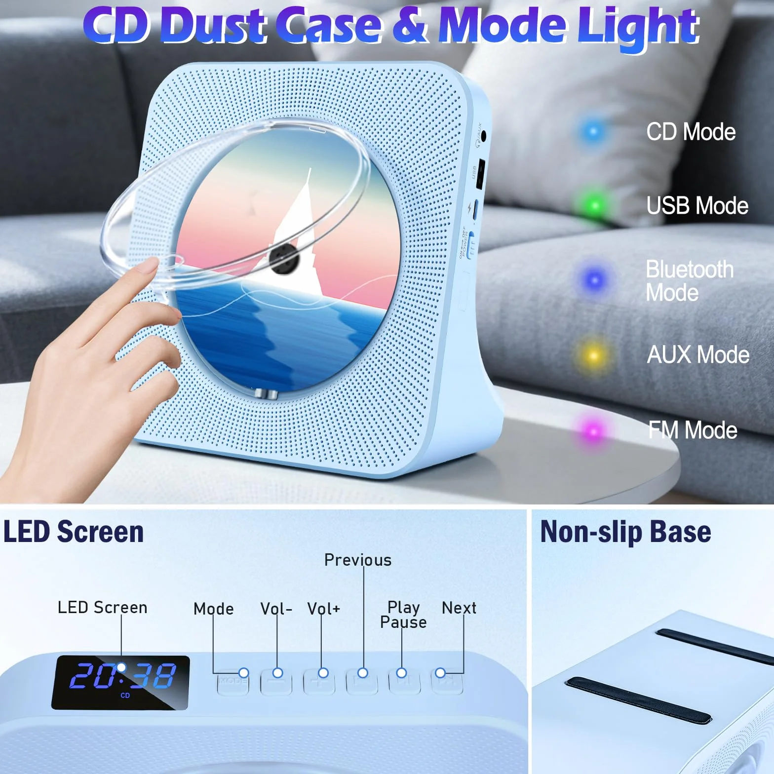 Lecteur CD Portable Enfants Radio Bluetooth Haut-Parleur HiFi USB FM Prise Casque Minuterie Veille Bleu