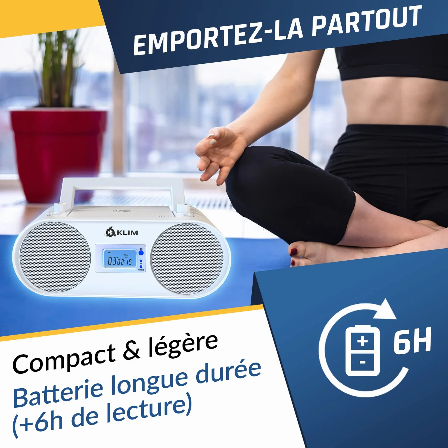 KLIM Boombox B4 Radio CD Portable AM/FM Bluetooth USB MP3 Filaire sans Fil Piles Rechargeables Télécommande Blanc