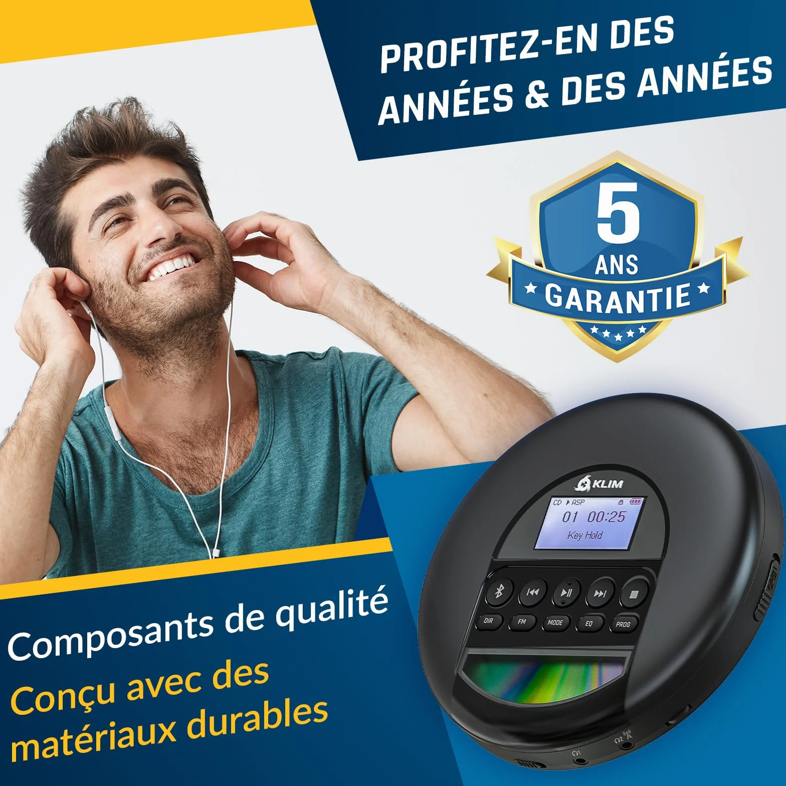 KLIM Nomad Lecteur CD Portable Bluetooth avec Batterie Intégrée, Compatible CD-R/CD-RW/MP3, Noir