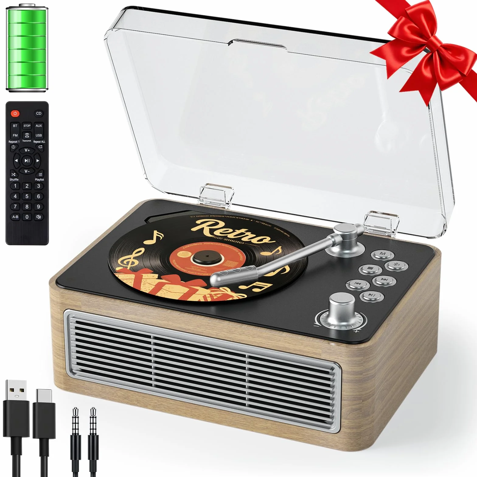 Lecteur CD Portable Bluetooth Rétro avec Batterie 3600 mAh Radio Télécommande Chêne