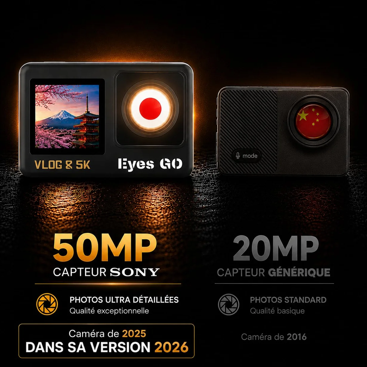 Caméra Sport 5K30fps 4K60fps 120fps 50MP 2 Écrans Tactile Vlog Télécommande Micro 360° Stabilisateur E.I.S 2.0 Étanche 30M Carte SDXC 64Go 2x1350mAh