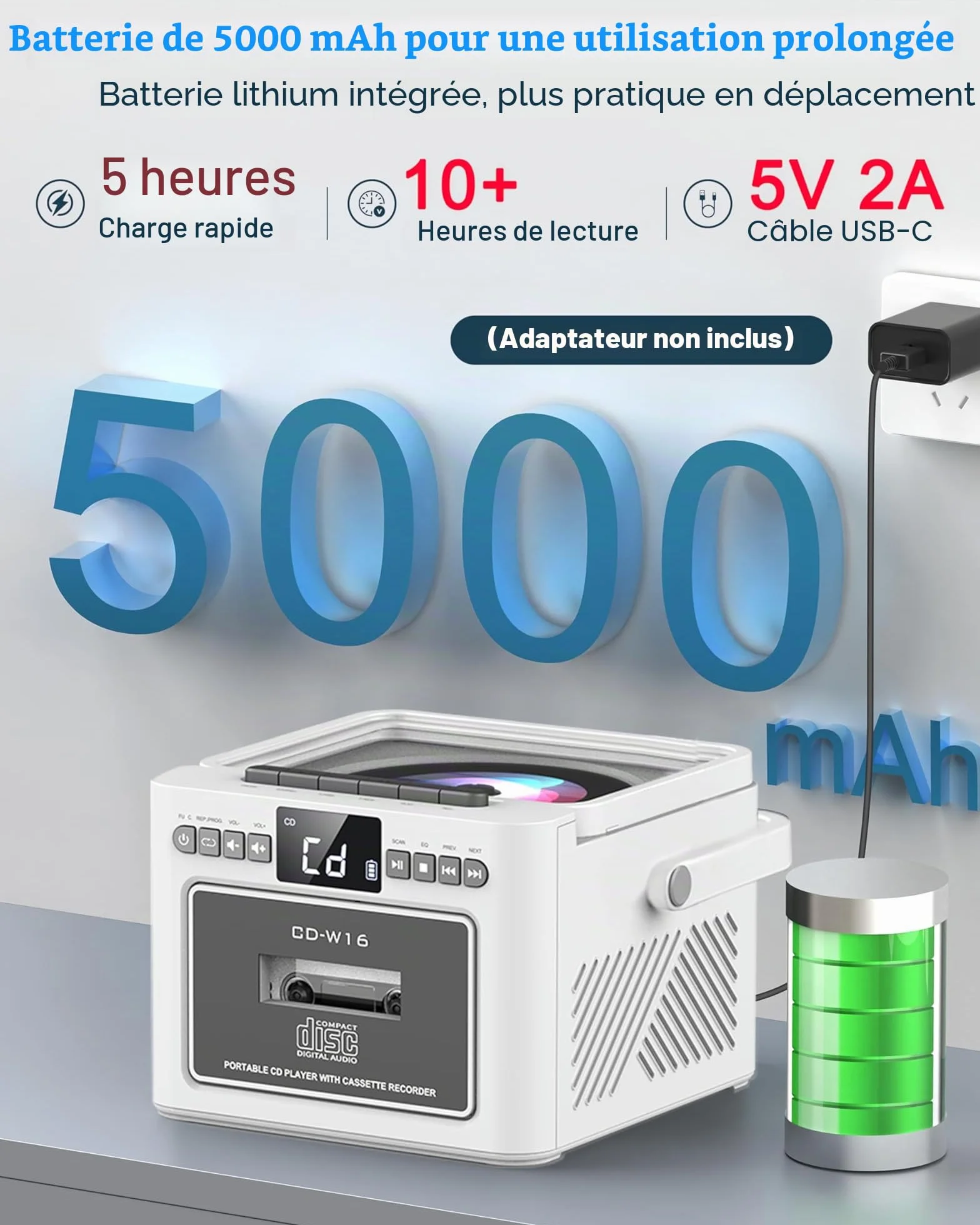 Greadio Lecteur CD Portable Bluetooth Radio FM AUX USB SD Card Batterie Rechargeable 5000mAh Haut-Parleurs 5W écran LED Blanc