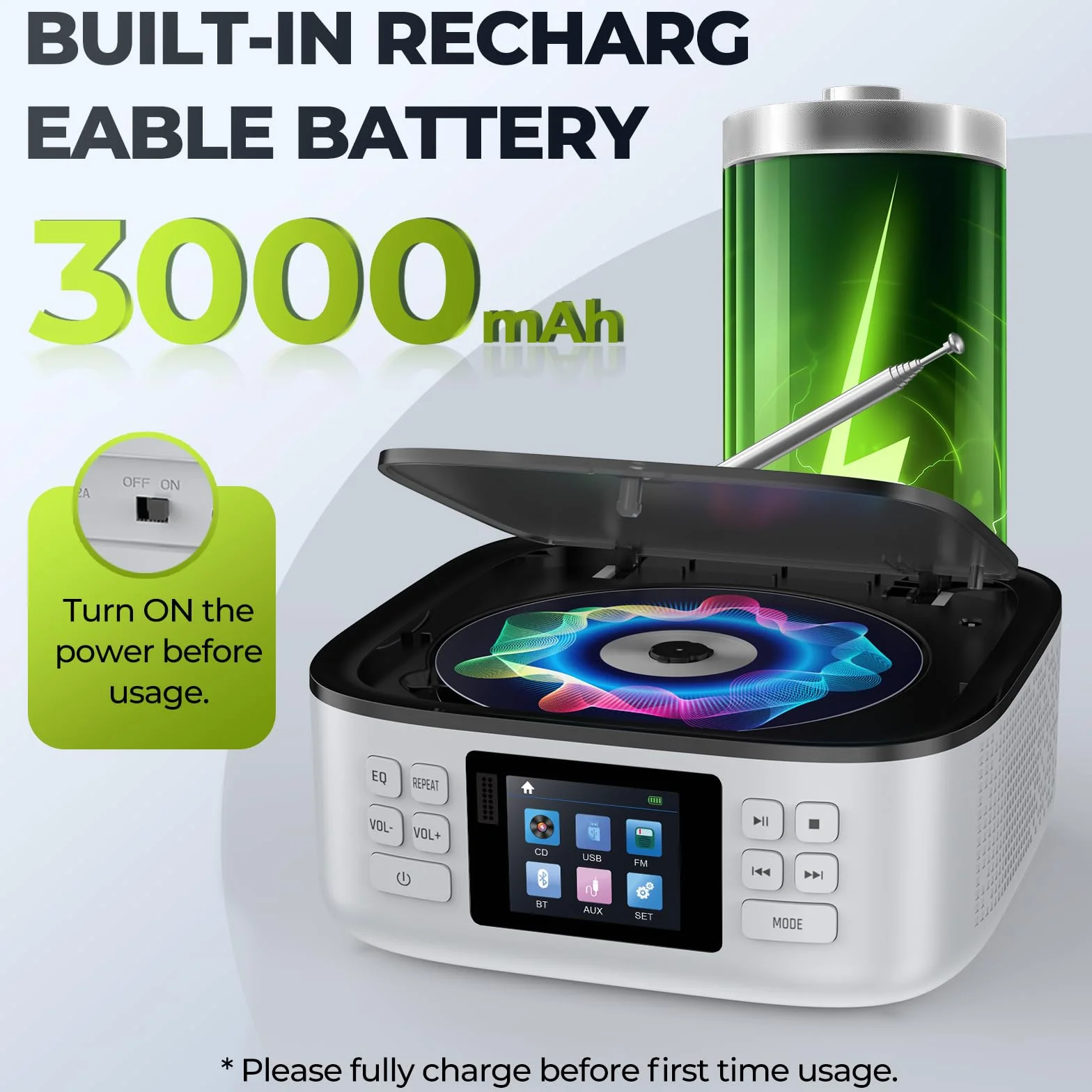 ARAFUNA Lecteur CD Portable Bluetooth Rechargeable avec Haut-parleurs, Radio FM, USB, AUX, écran LED Couleur, télécommande