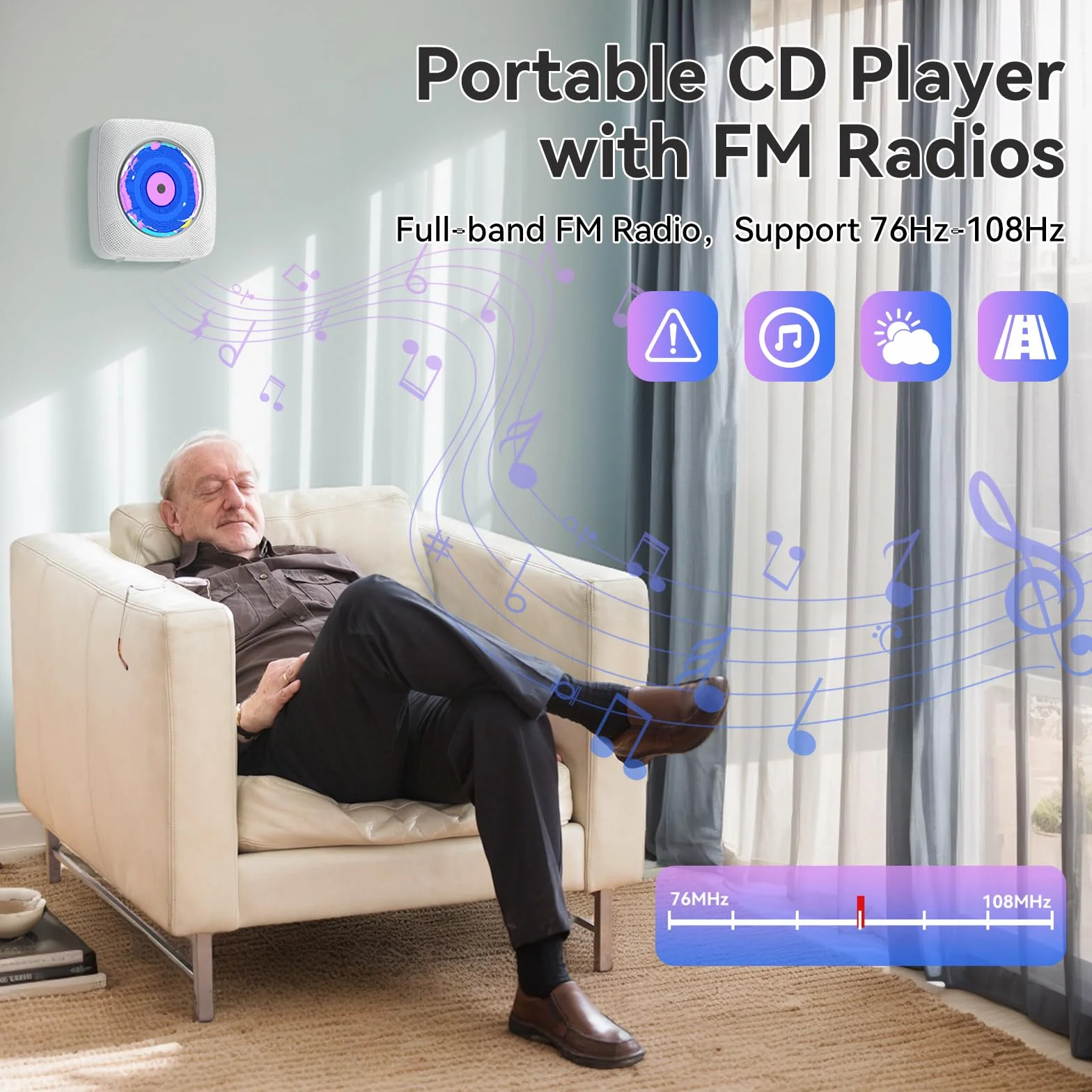 Lecteur CD Portable Bluetooth Kegaudio avec Radio, Télécommande, USB, AUX 3,5 mm Blanc