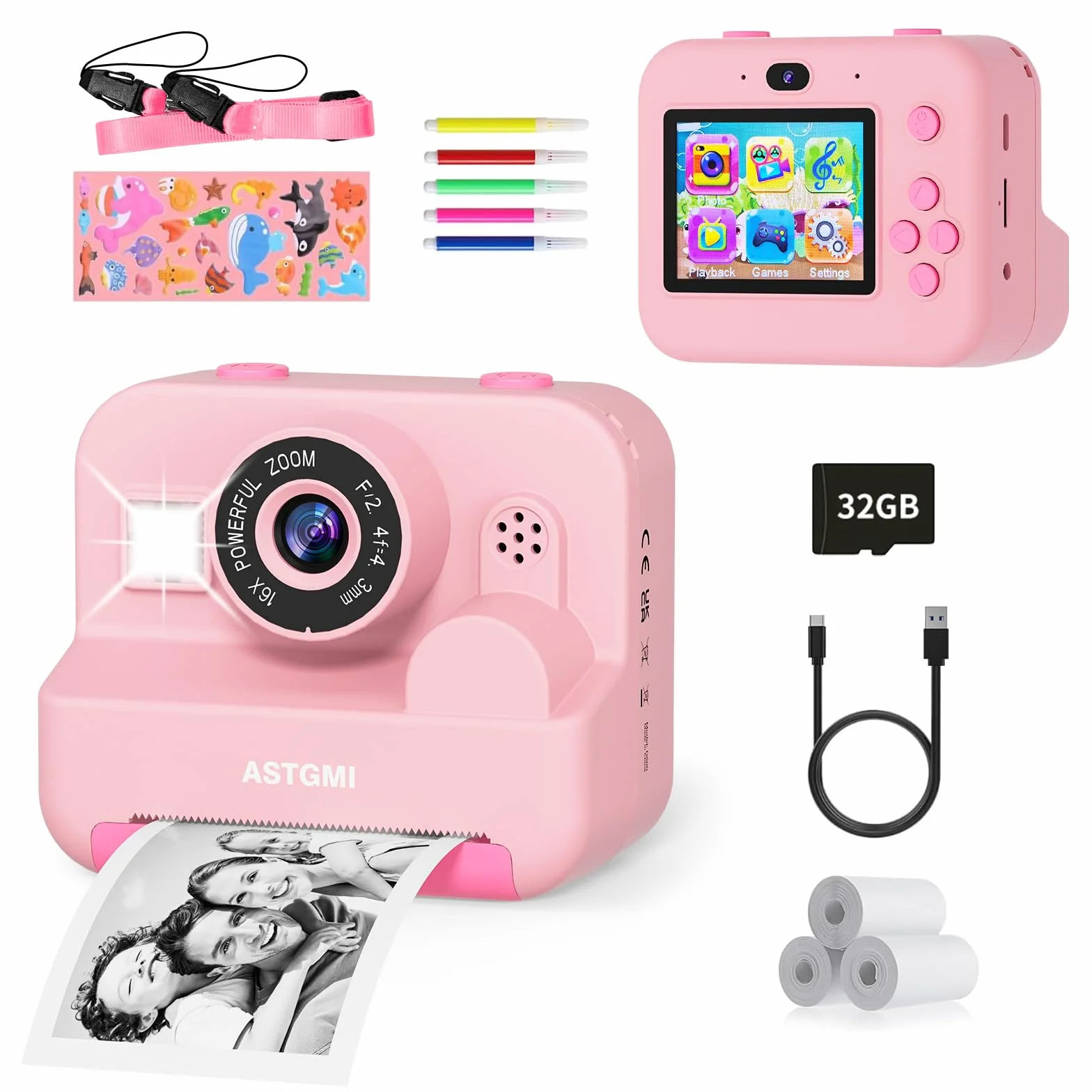 ASTGMI Appareil Photo Instantané Enfant 2.4" Écran avec Papier d'impression et Carte 32GB, Mode Selfie et Video, Cadeau Jouet pour Garçons Filles 3-14 Ans Rose