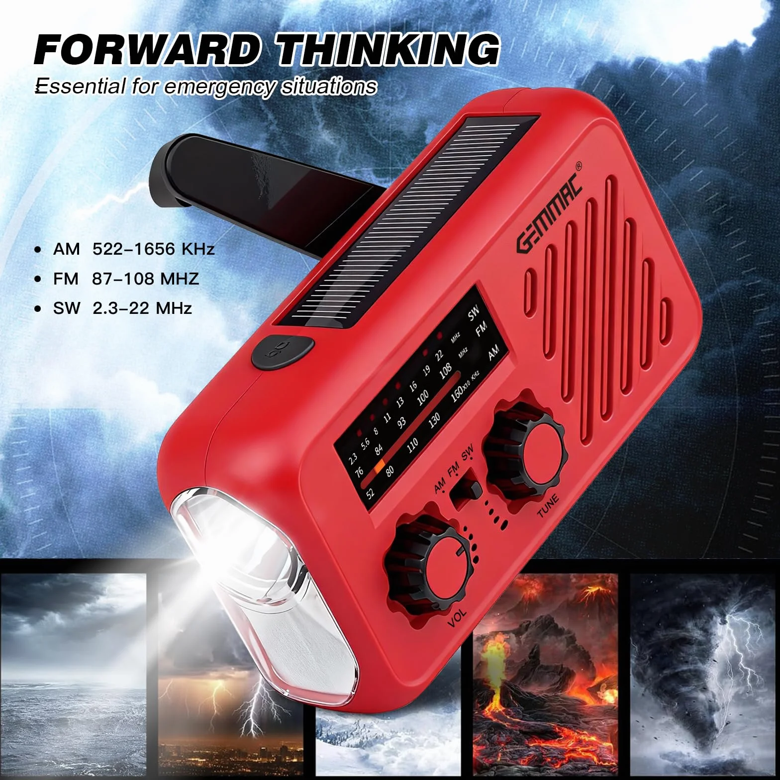 Radio d'urgence Multifonction 3 en 1 Gemmac 2000mAh Powerbank USB Recharge Solaire Dynamo LED Lampe Torche Alarme SOS AM/FM/SW Camping