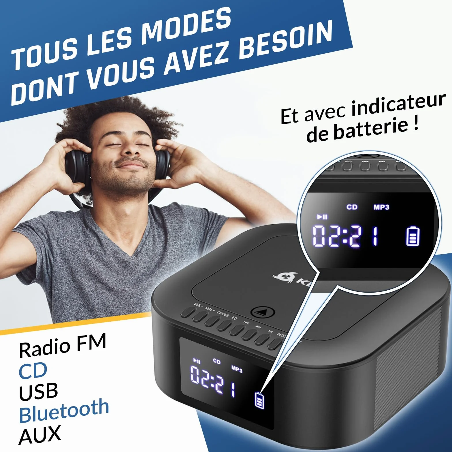 KLIM Boombox E1 Radio CD Portable Extra Bass Subwoofer FM Bluetooth USB MP3 avec Piles Rechargeables Télécommande