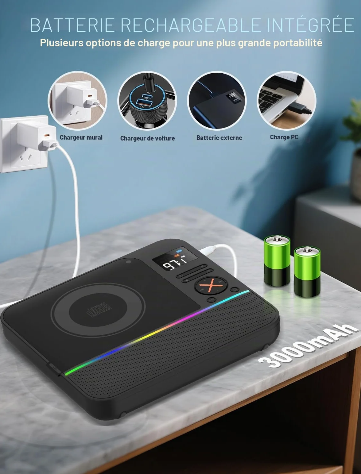 Lecteur CD Portable Bluetooth avec Radio FM, Écran LED RVB, Double Haut-Parleur, Compatible USB/AUX