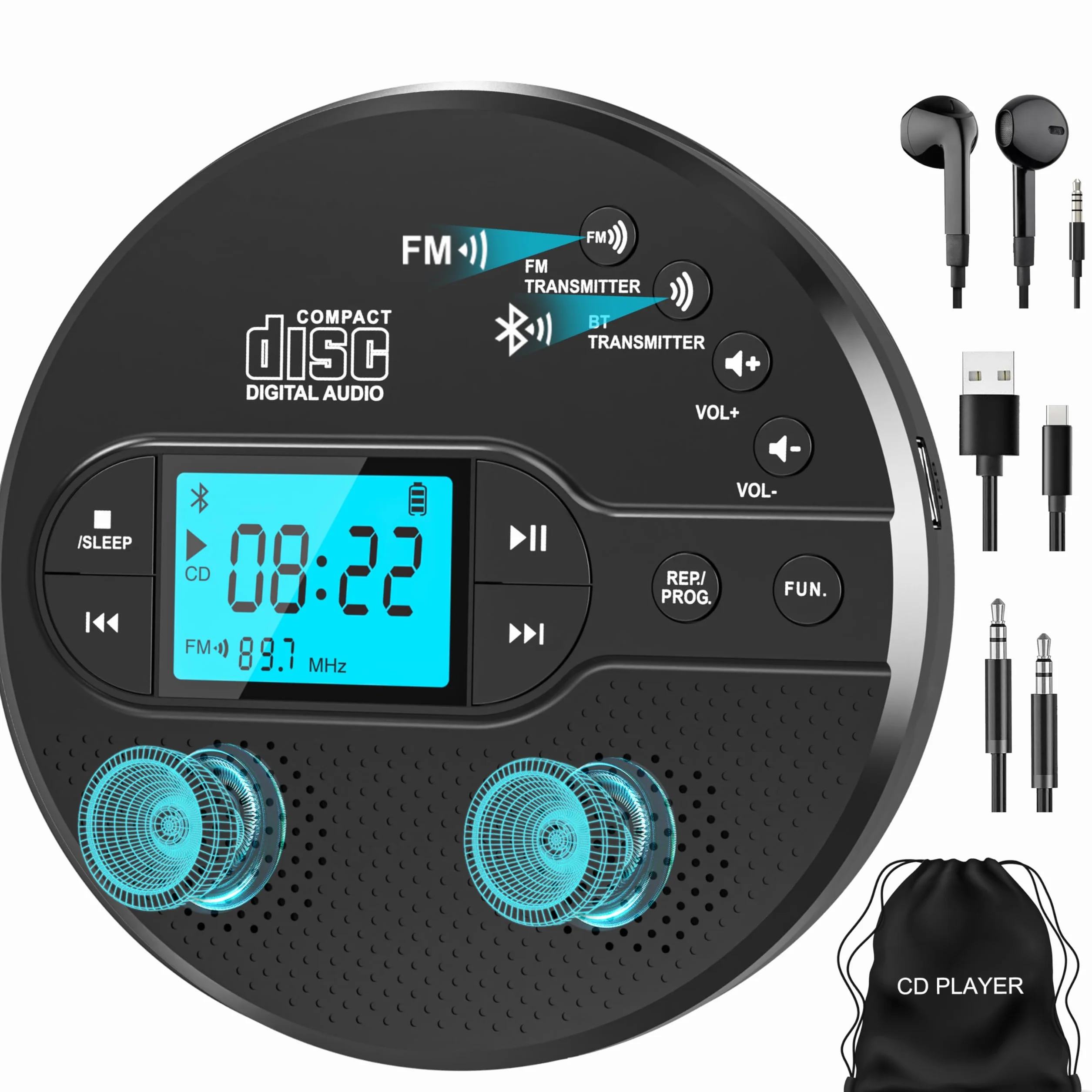 Greadio Lecteur CD Bluetooth Portable 2000 mAh Transmetteur FM USB AUX CD Player Noir