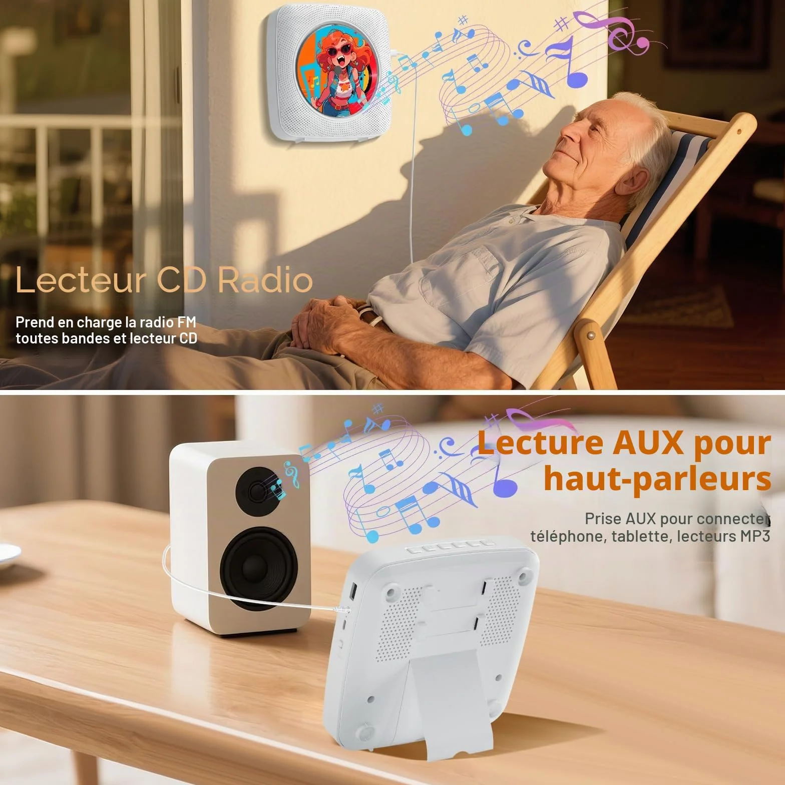 Gueray Lecteur CD Portable Bluetooth 1800 mAh Radio USB AUX Blanc