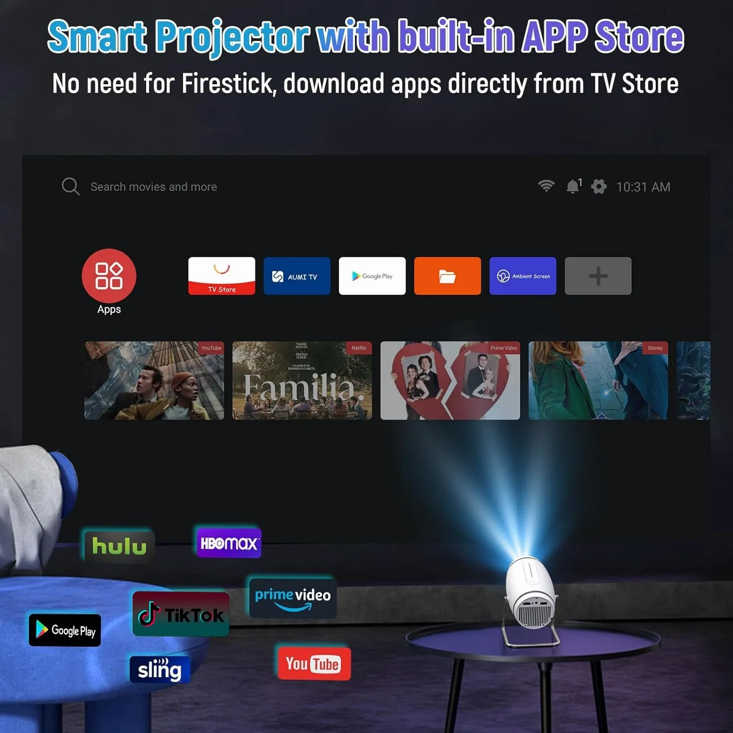 Vidéoprojecteur 4K Mini Projecteur Portable WiFi 6 BT 5.4, Auto Keystone, 130 Pouces, 180° Rotation HDMI/USB/PS5