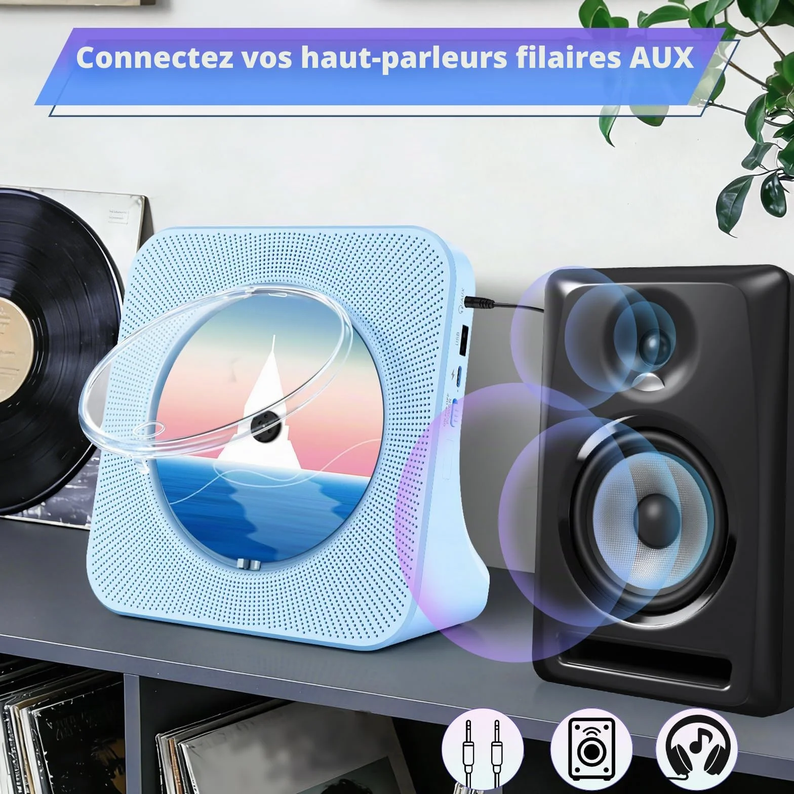 Lecteur CD Portable Enfants Radio Bluetooth Haut-Parleur HiFi USB FM Prise Casque Minuterie Veille Bleu